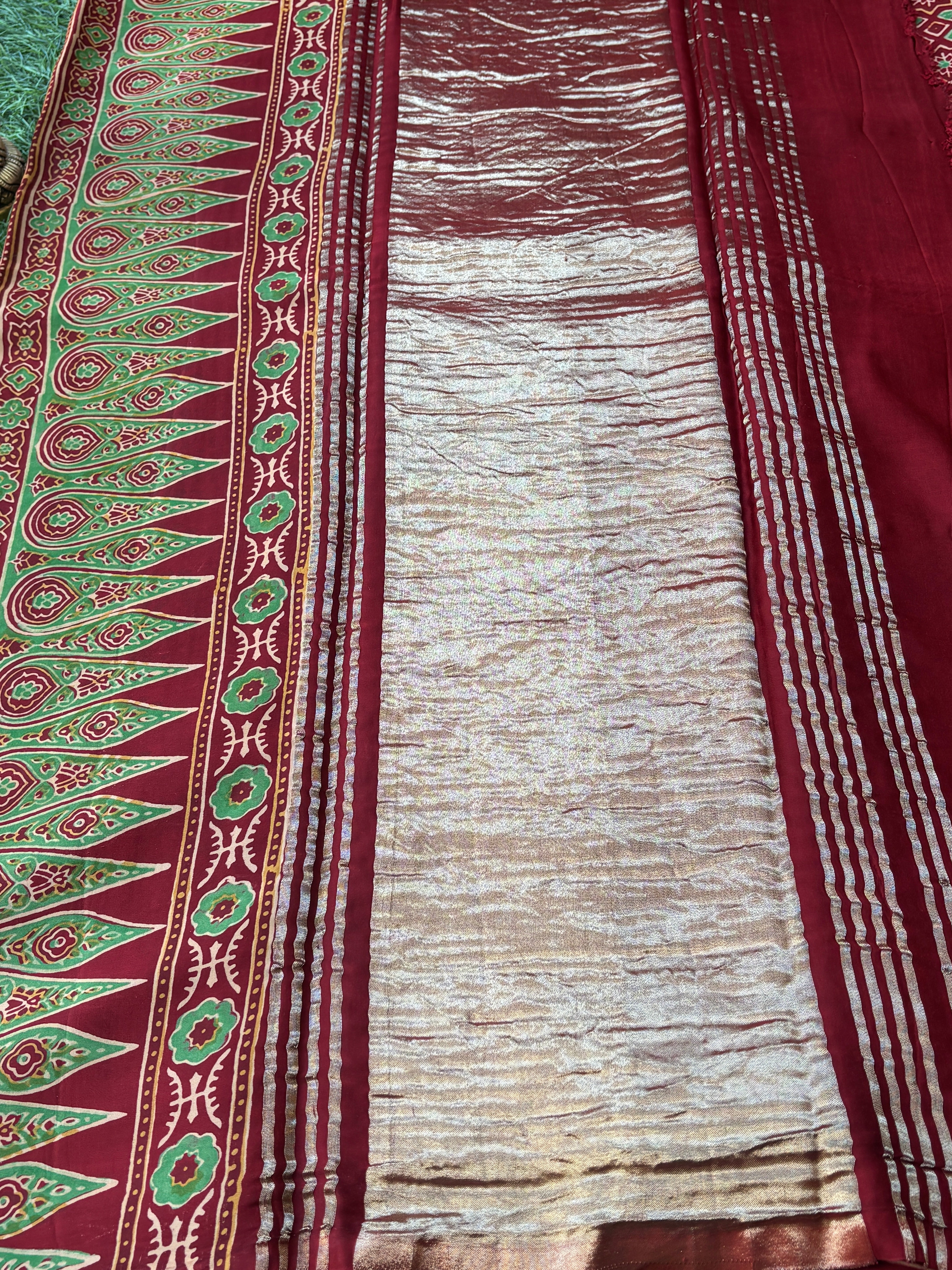 Maroon saree Pure Modal Silk Ajrak Hand Block Printed Saree with Lugdi Patta in Red & yellow