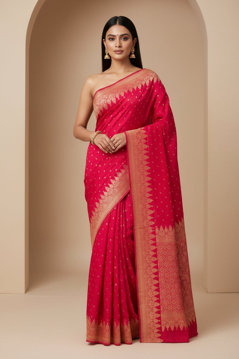 Woman wearing a red saree with gold border against a beige background