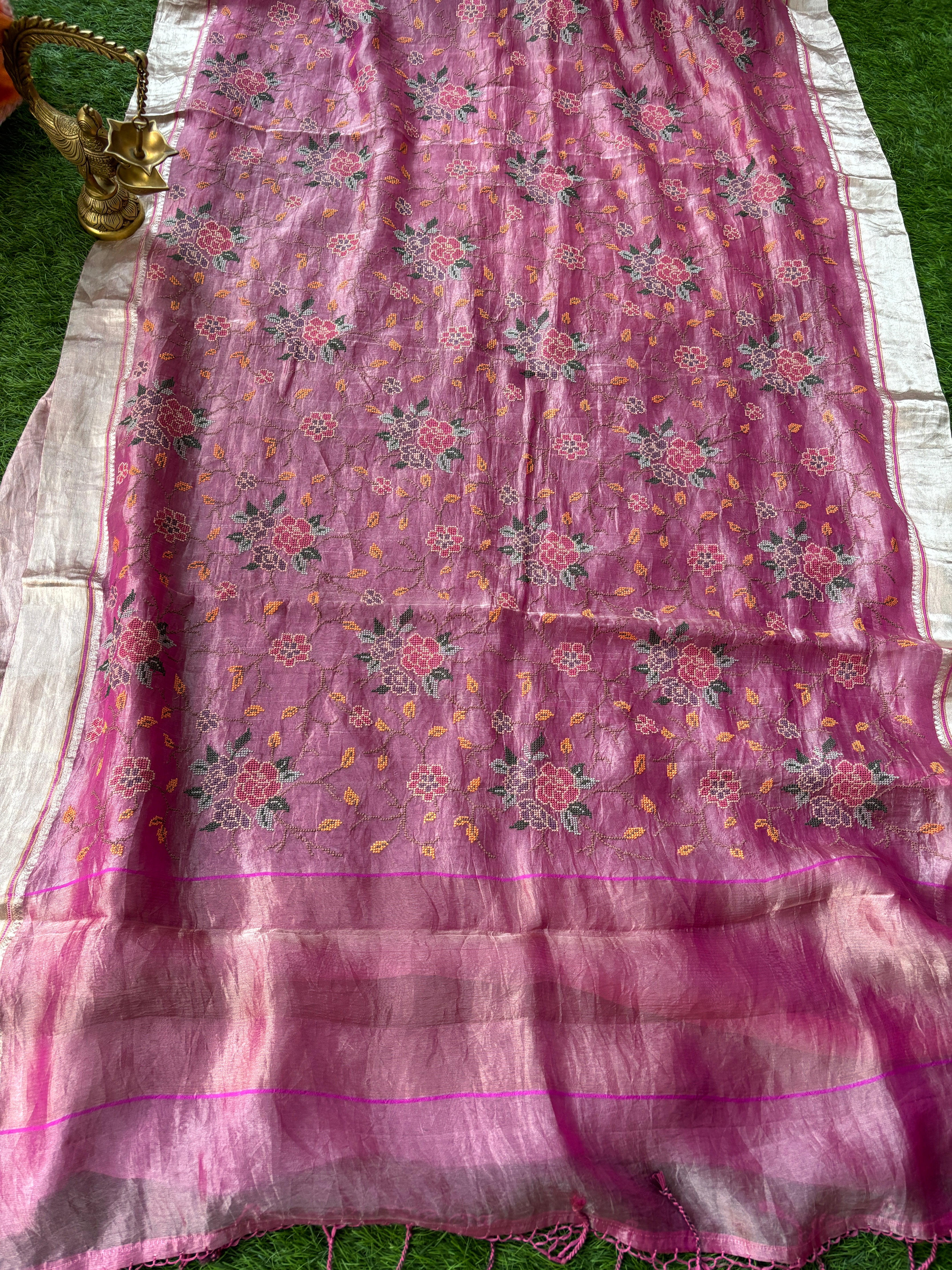 Royal Pink Pure Tissue Kora Silk Saree with Allover Matte Embroidery | Chandrika Lifestyles