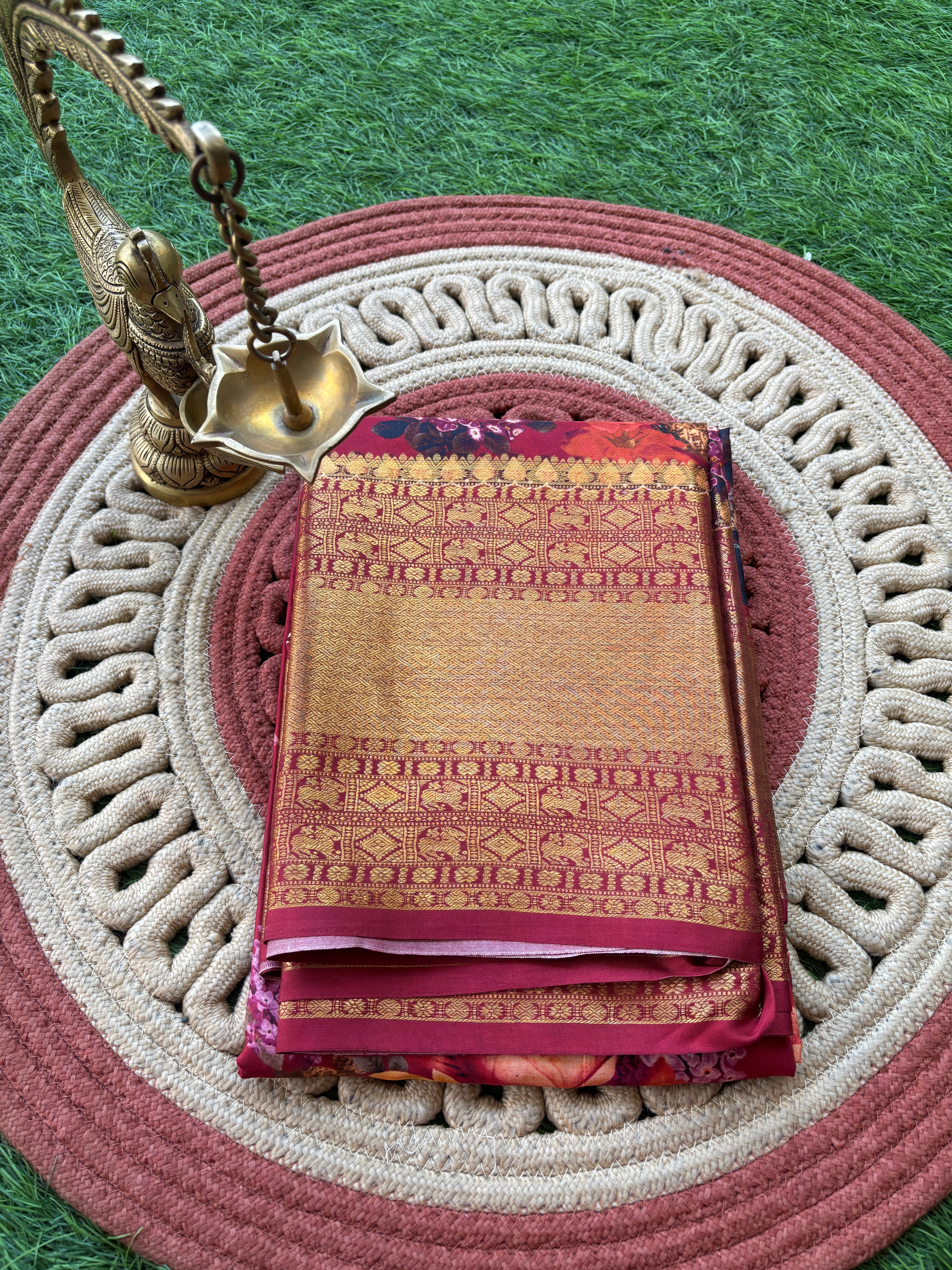 Maroon Red Pure Silk Digital Floral Printed Saree with Dharmavaram Woven Zari Border and Pallu