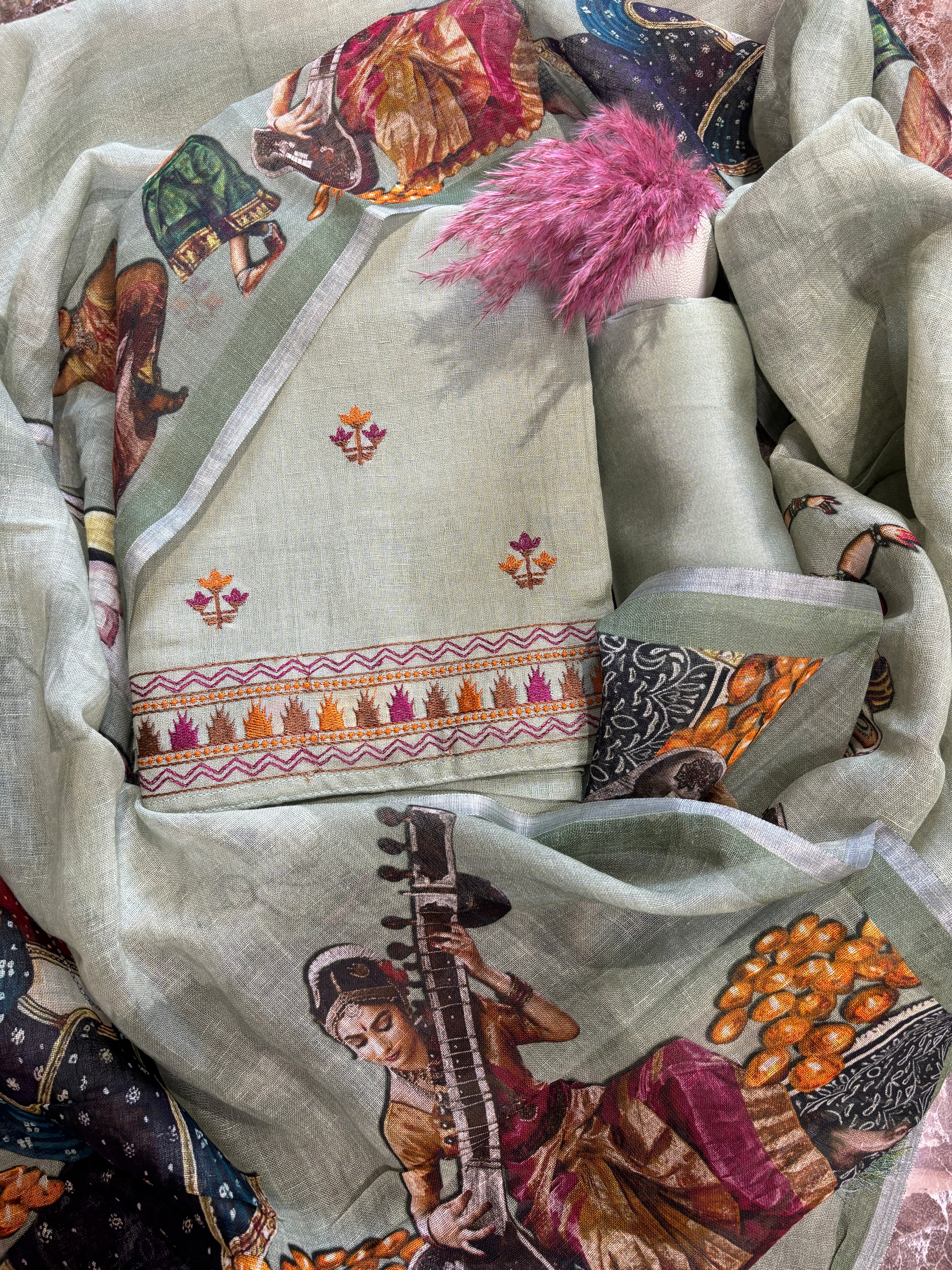Pure Linen Thread Embroidered Suit Material with Figure Digital Printed Dupatta – Mehendi Green / Pista Green