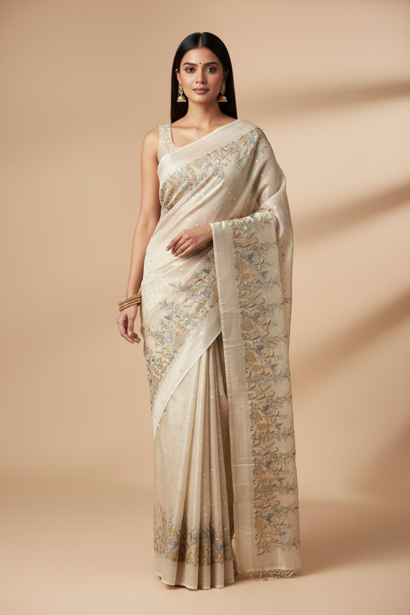 Off White Tissue Kora Saree with Figure Embroidery & Thread Butta Work | Chandrika Lifestyles