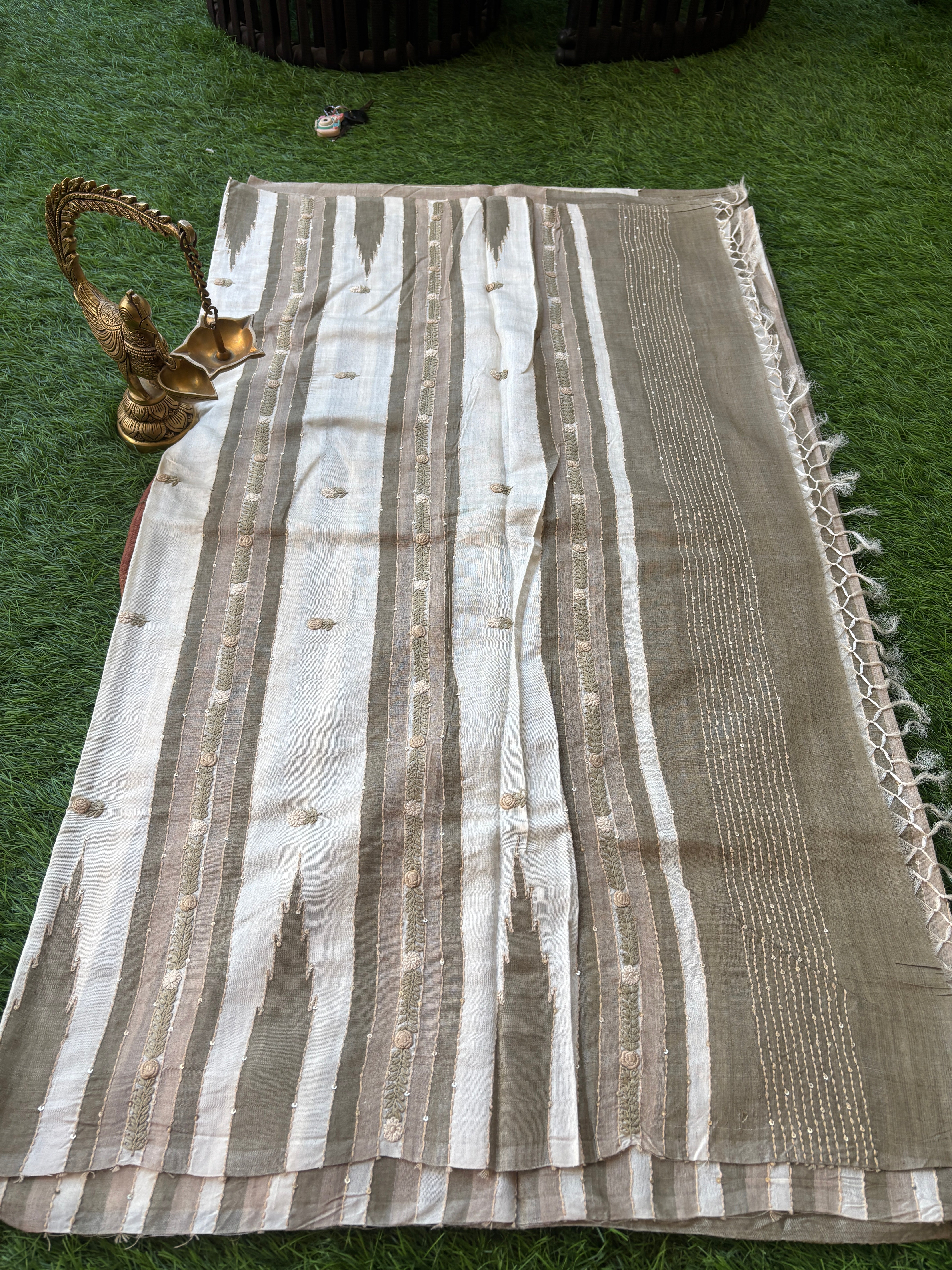 Beige & Brown Pure Tussar Silk Saree with Designer Hand Embroidery (Ghanta Taka) | Chandrika Lifestyles
