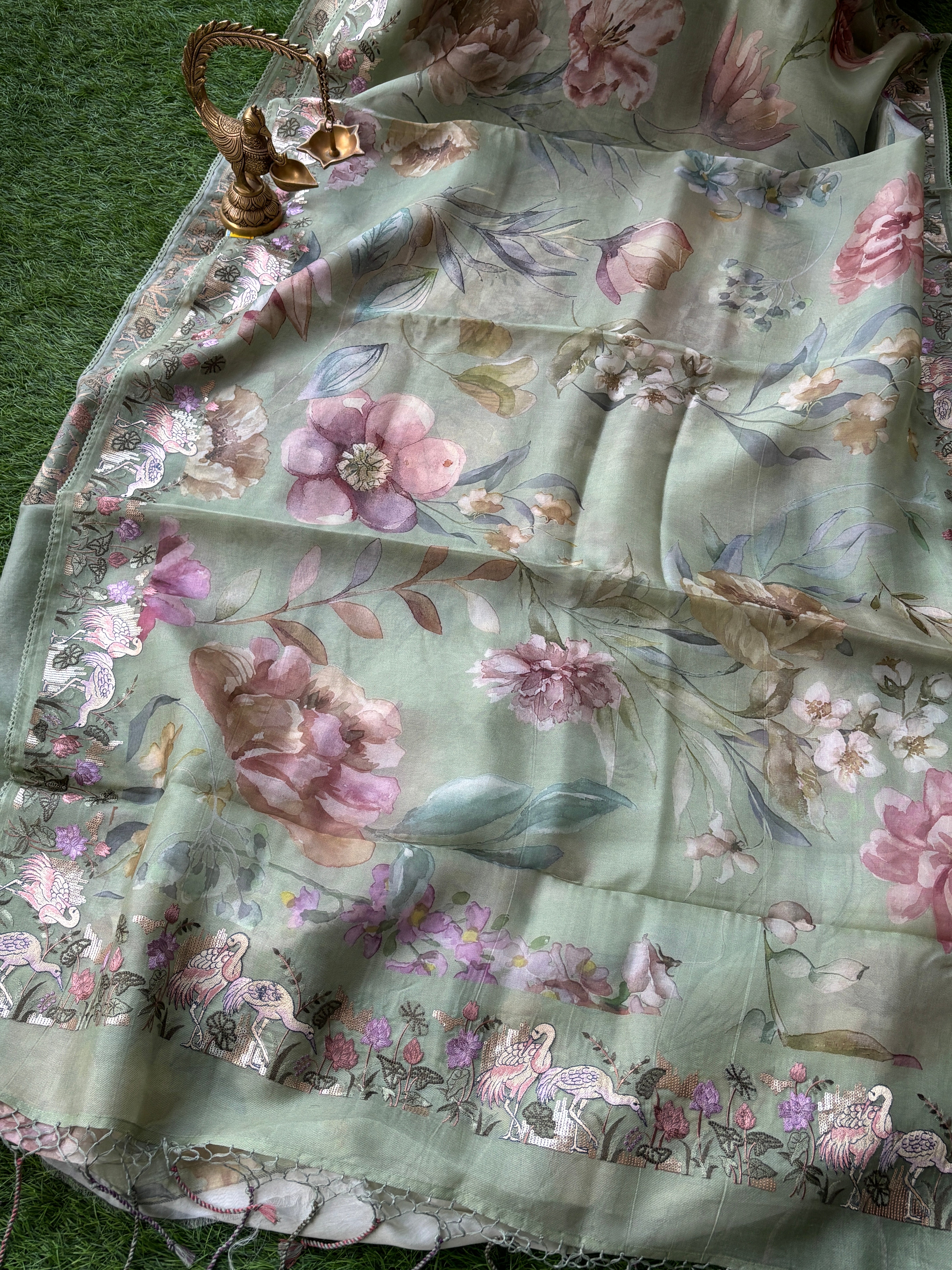Pure Pista Green Organza Saree with Figure & Floral Embroidery and Digital Print | Chandrika Lifestyles