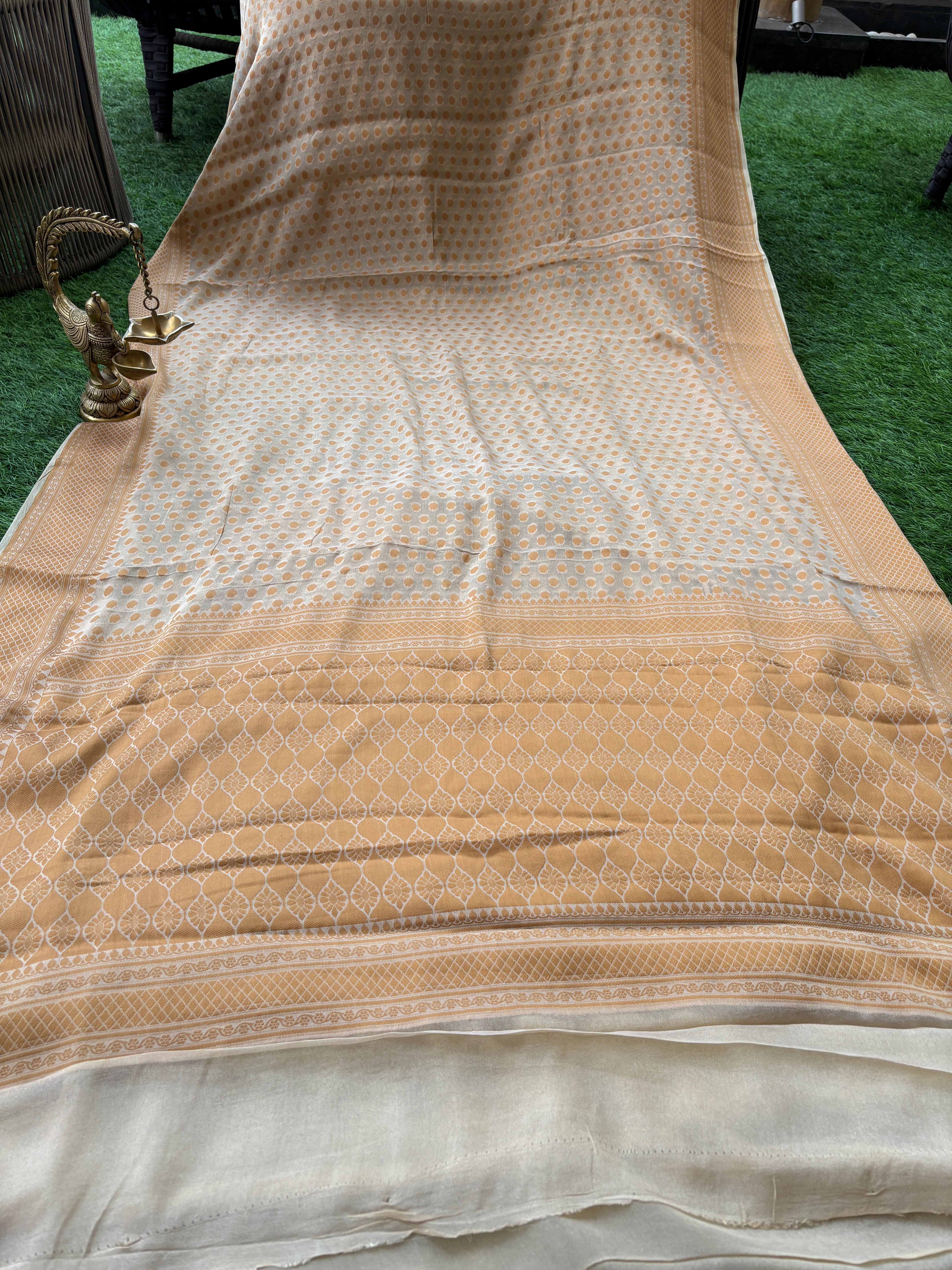 Beige Banarasi Khaddi Chiffon Saree with Allover Resham Weaving | Chandrika Lifestyles