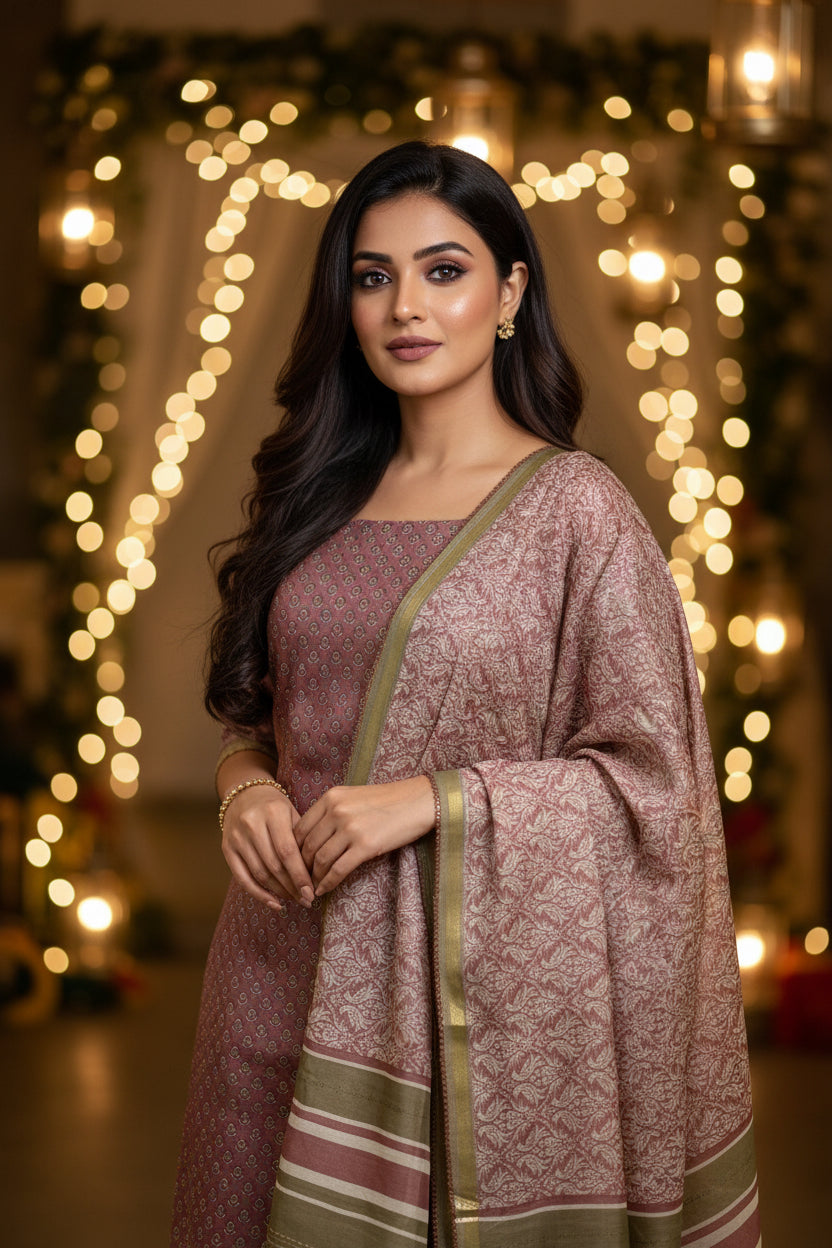 Digital Printed Chanderi Silk Suit Material in Onion Pink with Mehendi Green Contrast & Embroidered Dupatta