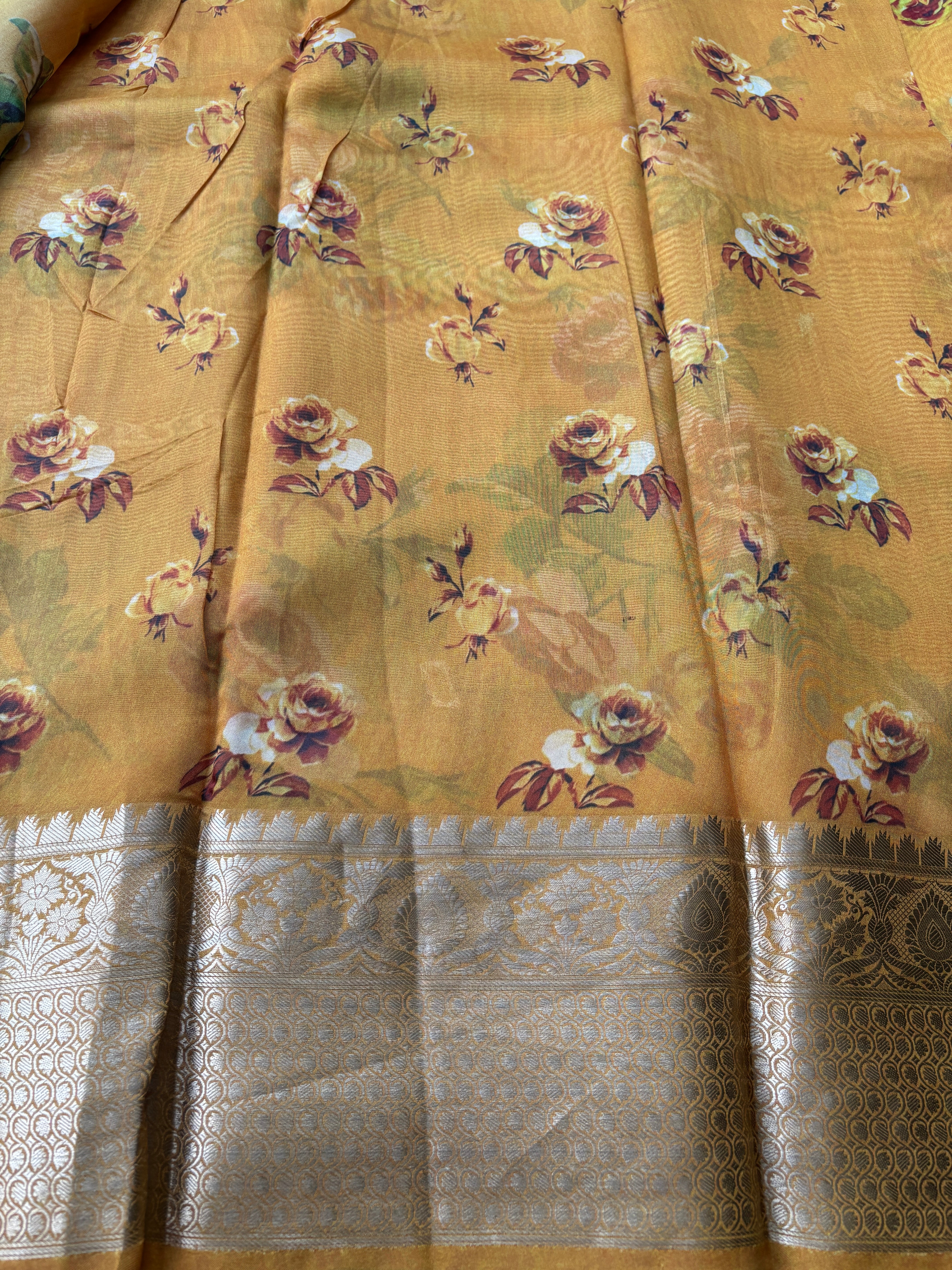 Yellow Pure Georgette Banarasi Saree with Allover Floral Digital Print | Chandrika Lifestyles