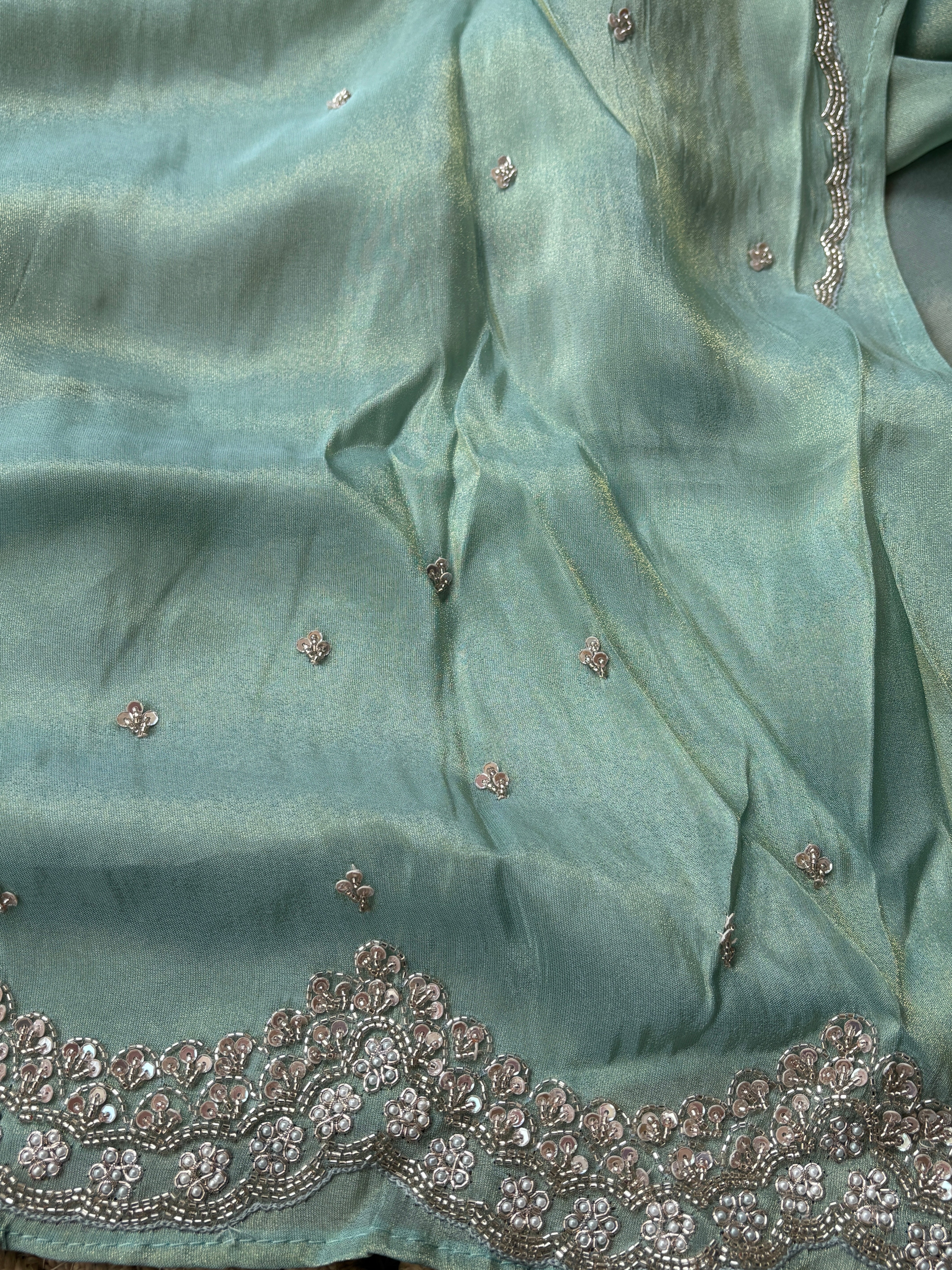 Luxury Mint Pure Tissue Crepe Silk Saree with Zardozi Buttas & Designer Scallop Border