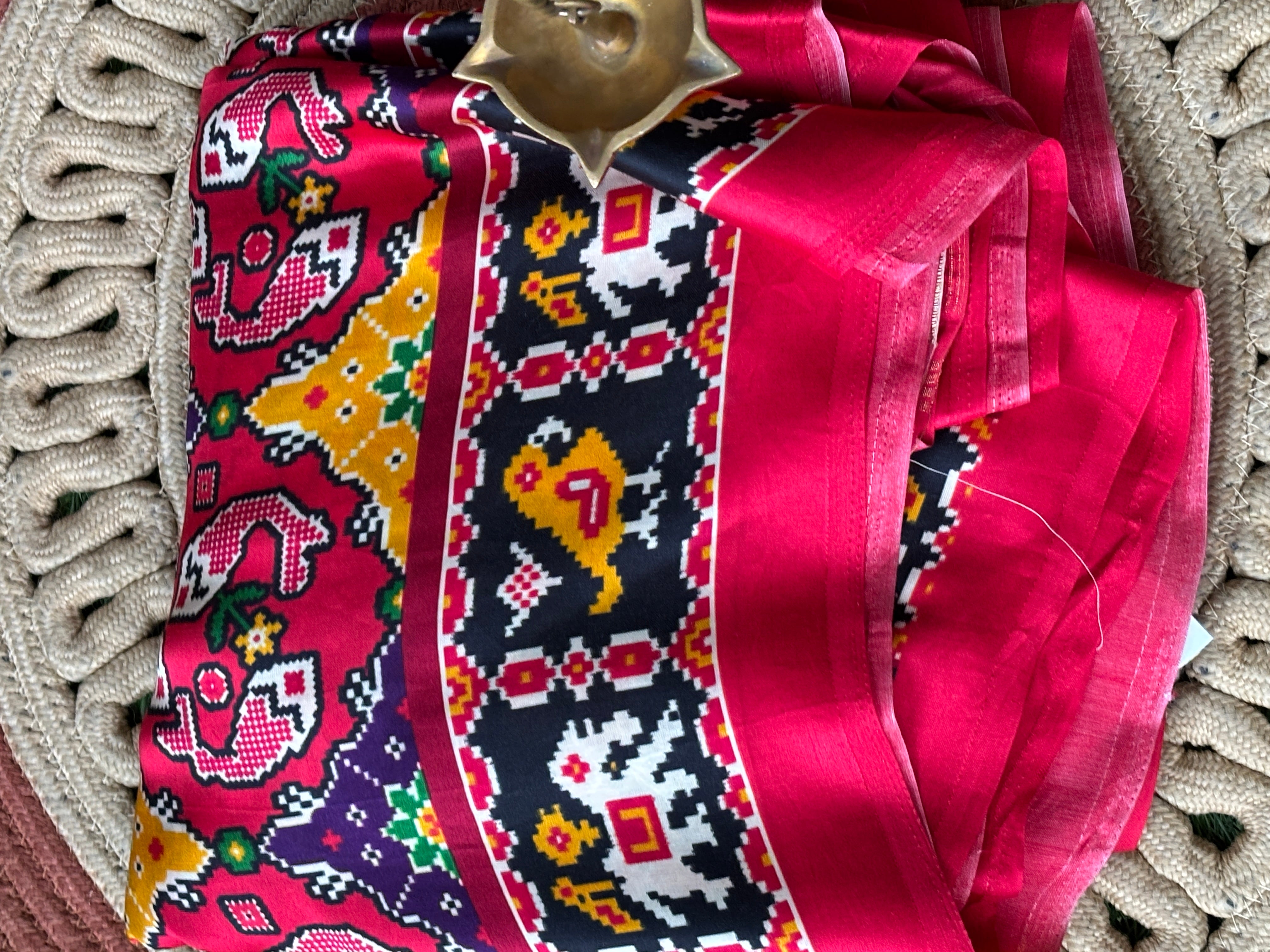 Red Pink Patola Satin Saree with Allover Patola Print & Zari Pallu | Chandrika Lifestyles