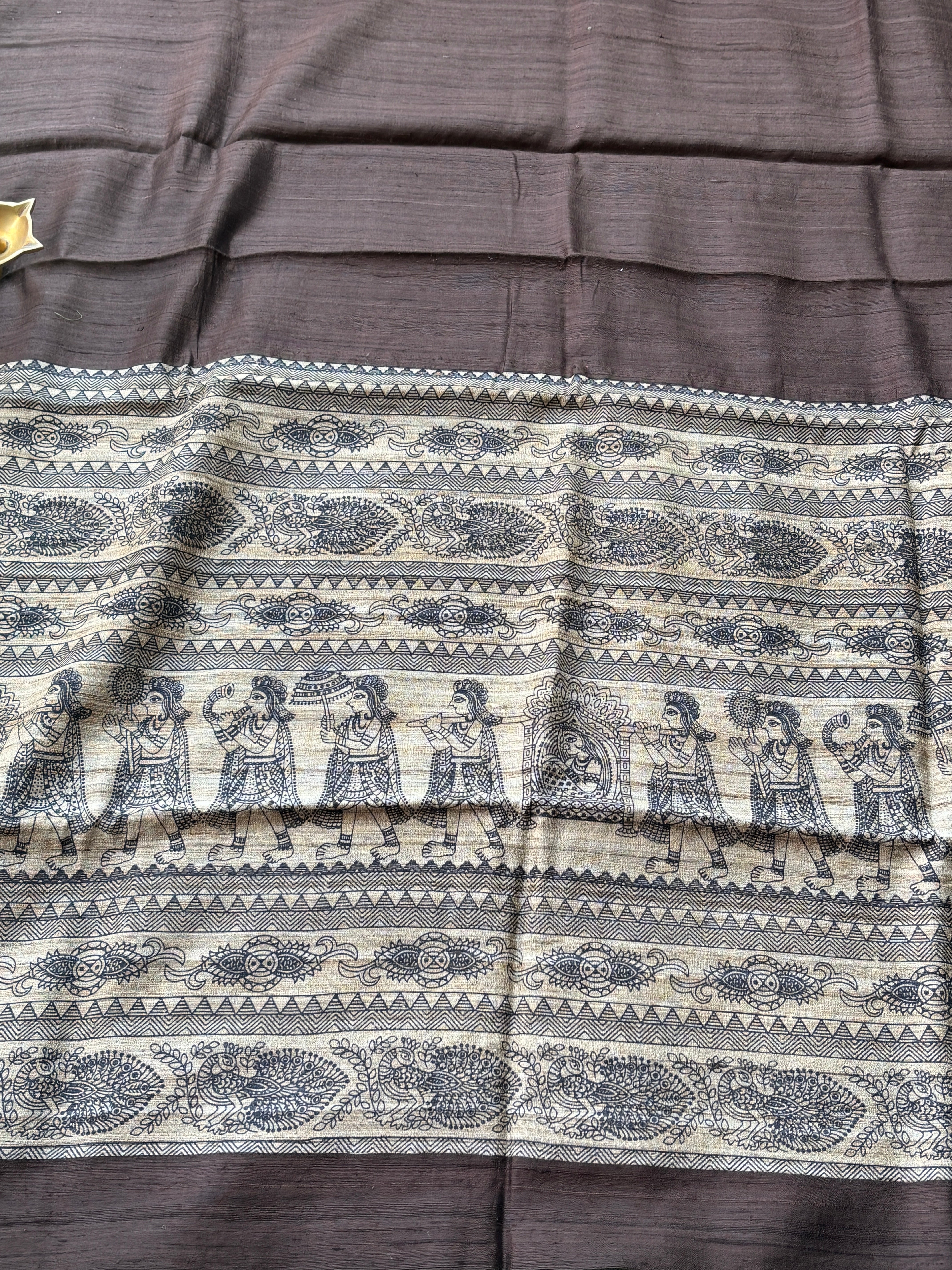 Traditional Madhubani Art Print Detail on Tussar Silk Saree Pallu
