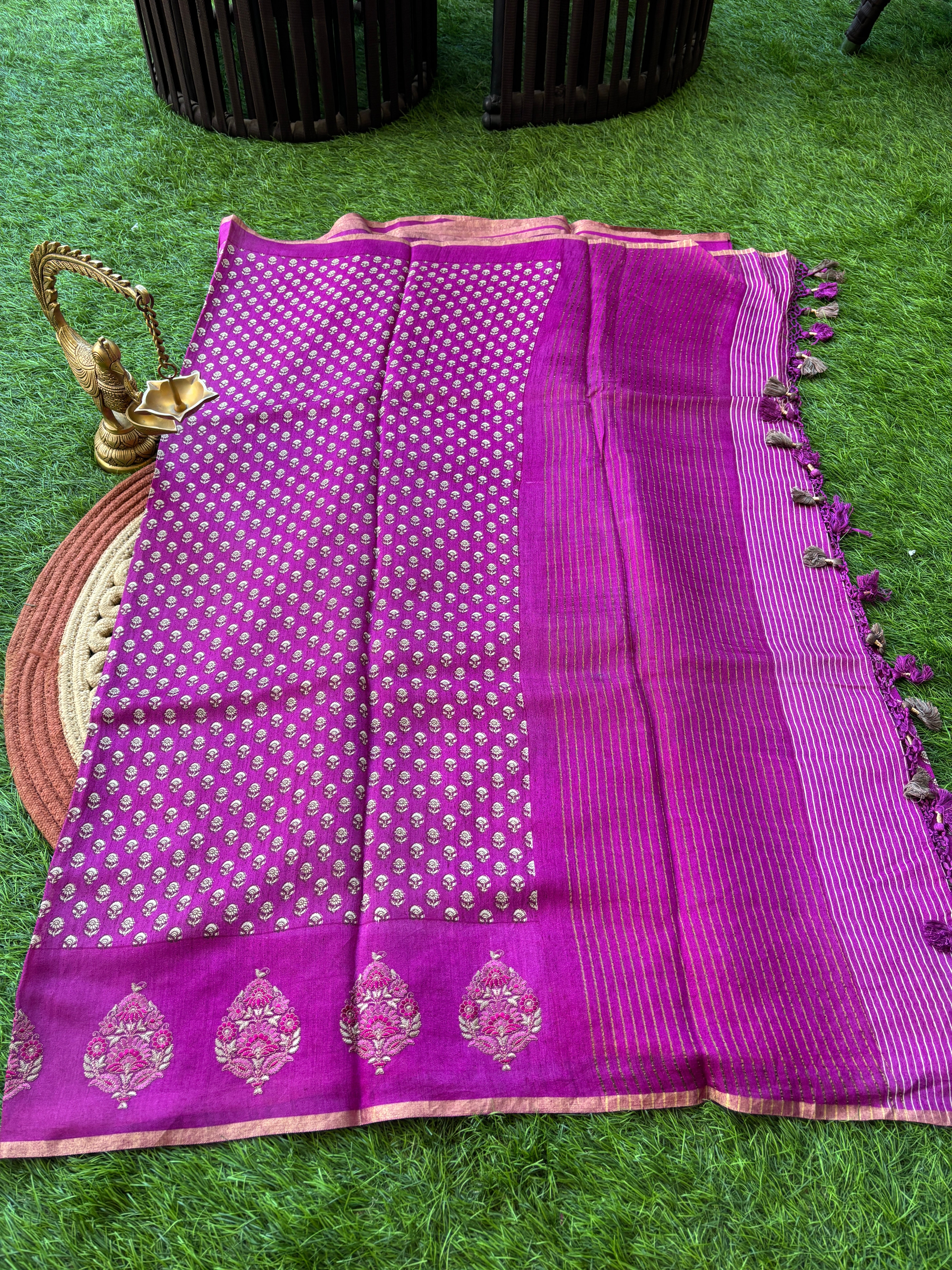 Purple Pure Tussar Silk Saree with Embroidered & Cutwork Butta Pallu | Chandrika Lifestyles