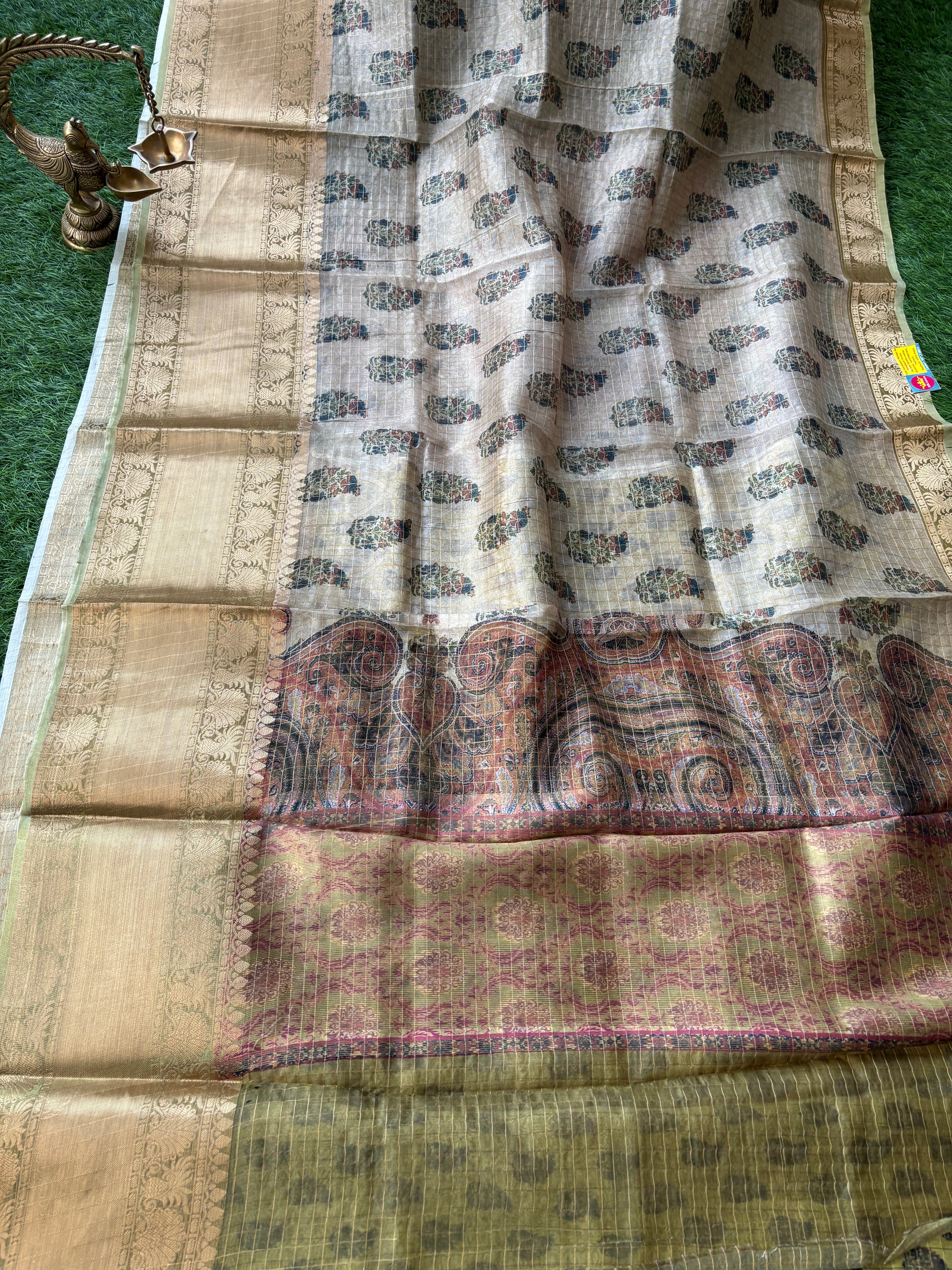 Beige Pure Organza Saree with All-Over Zari Checks