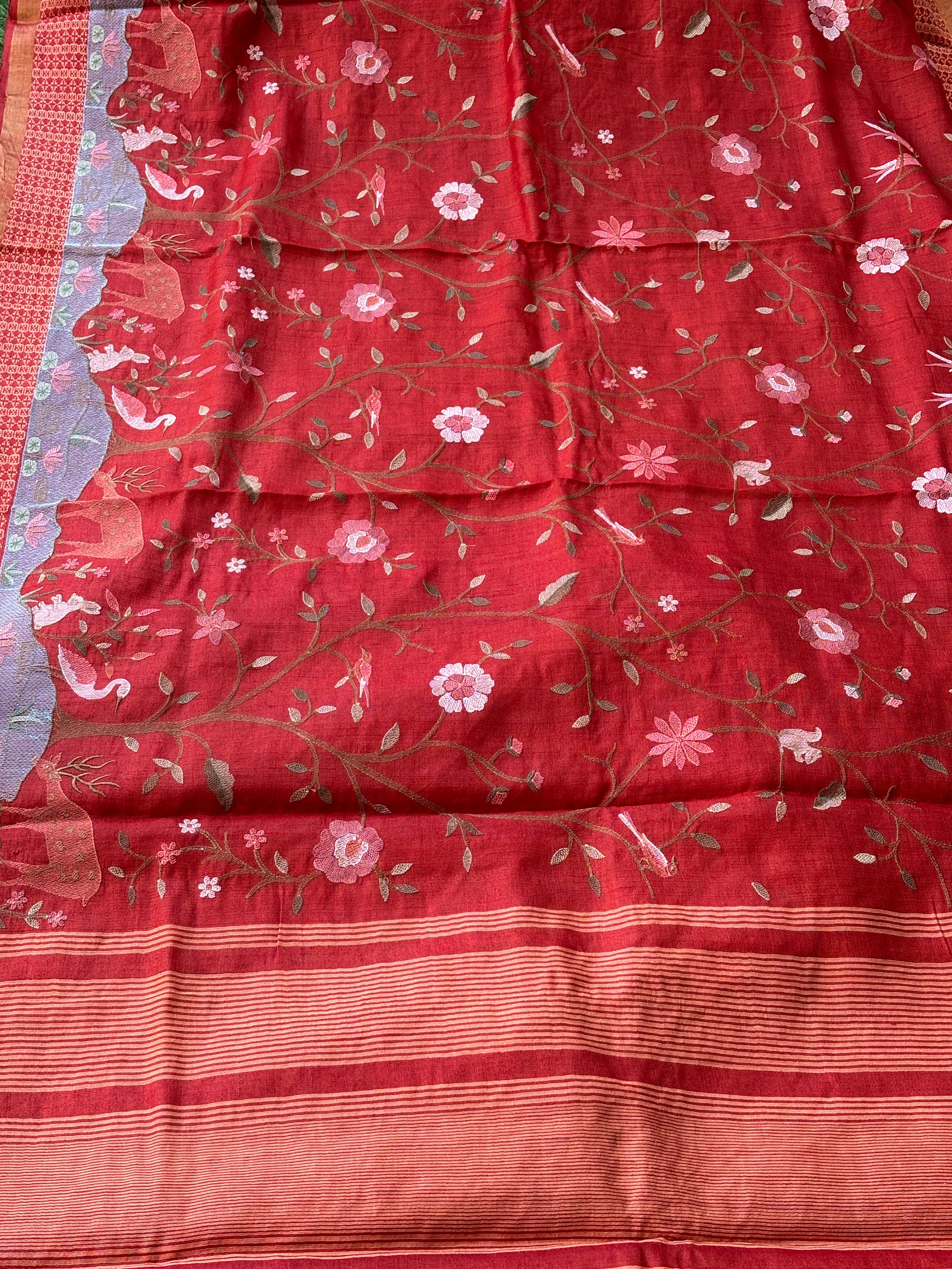 Thread Embroidery Pallu on Brick Red Pure Desi Tussar Silk Saree