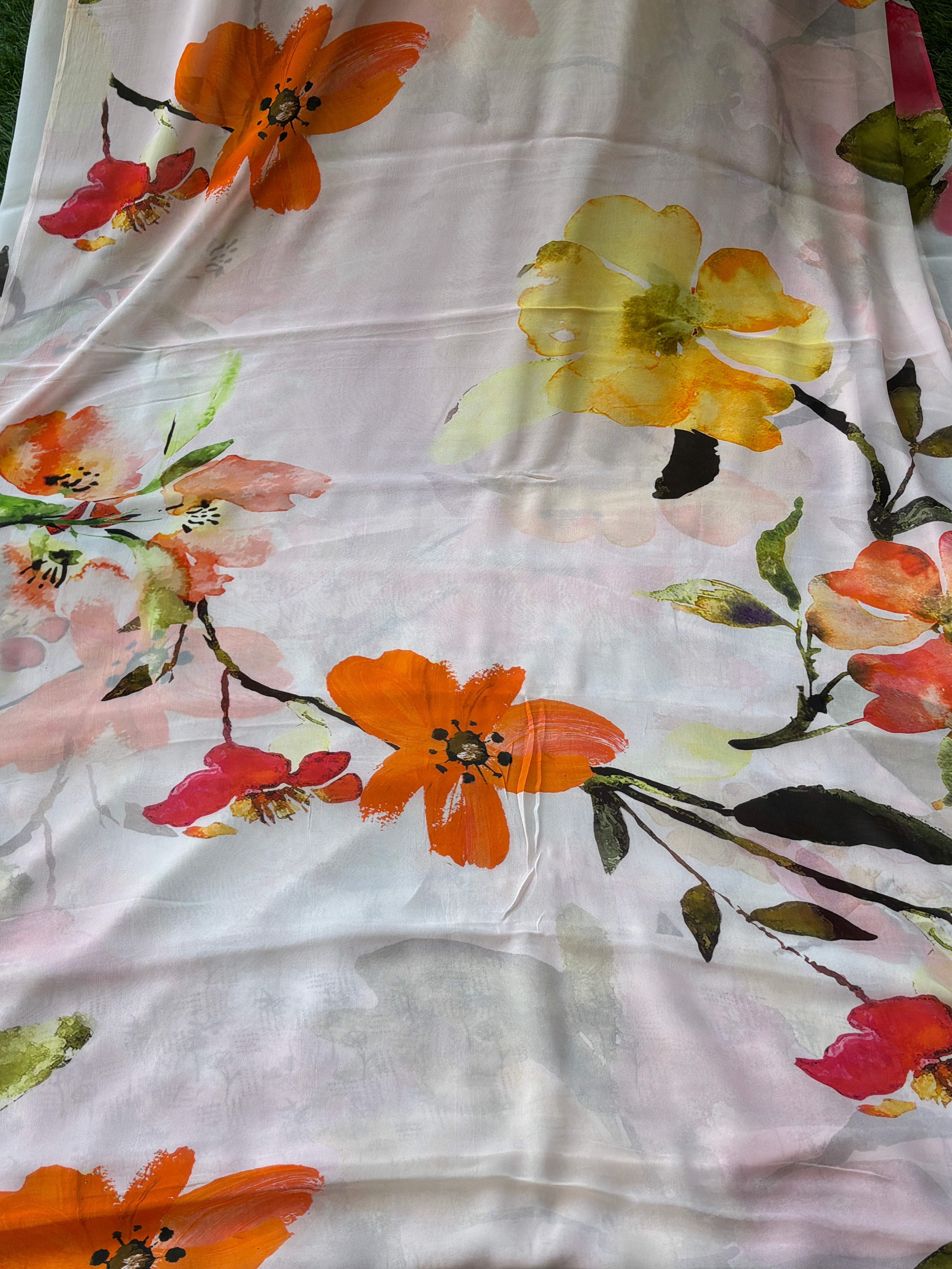 Off White Pure Crepe Silk Saree with Floral Digital Print