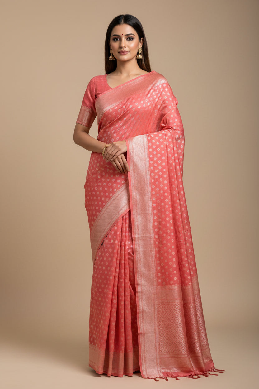 Peach Pink Banarasi Mercerised Cotton Saree with All-Over Weaving