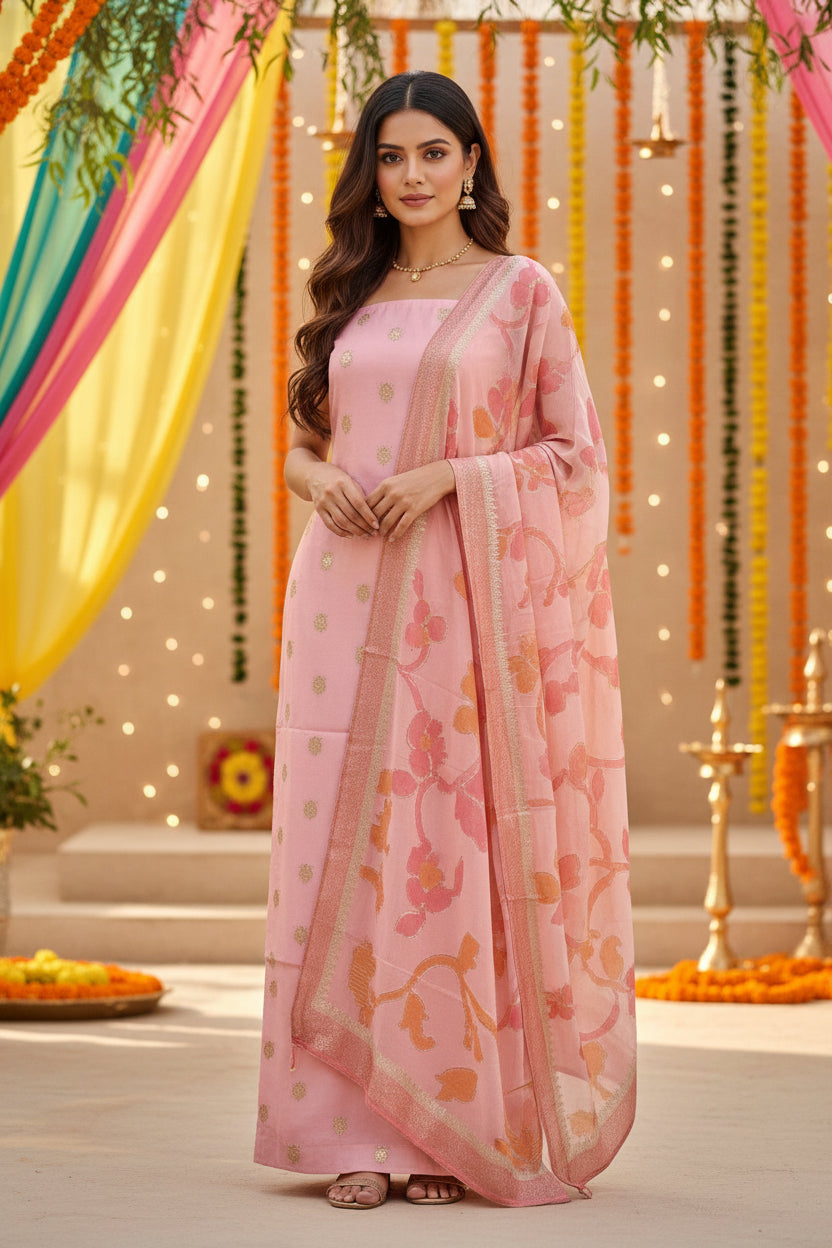 Pure Georgette Silk Baby Pink Banarasi Suit Material with  Georgette Dupatta with sequence work