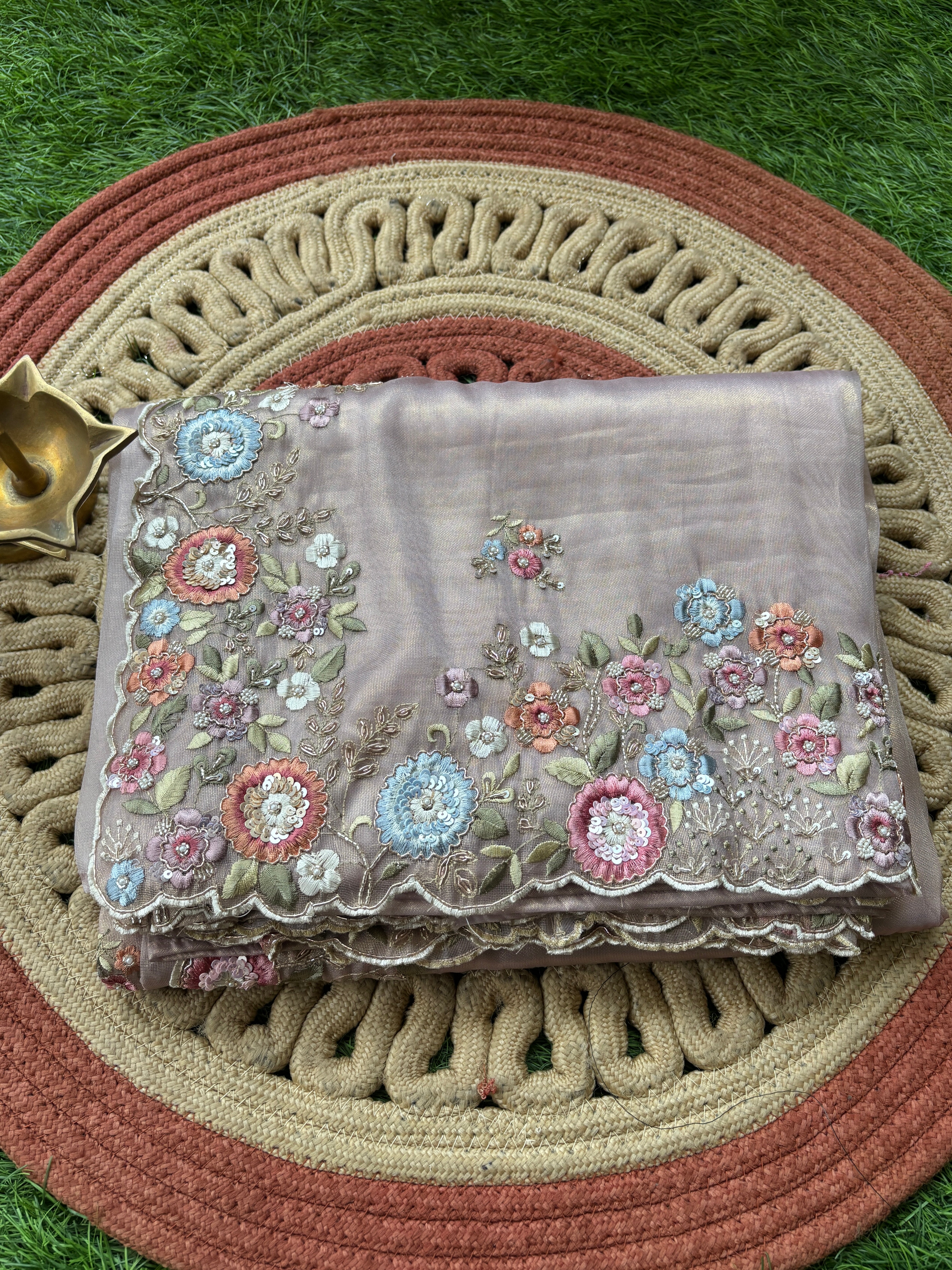 Elegant Onion Pink Tissue Net Designer Saree with Multicolor Floral Embroidery Border