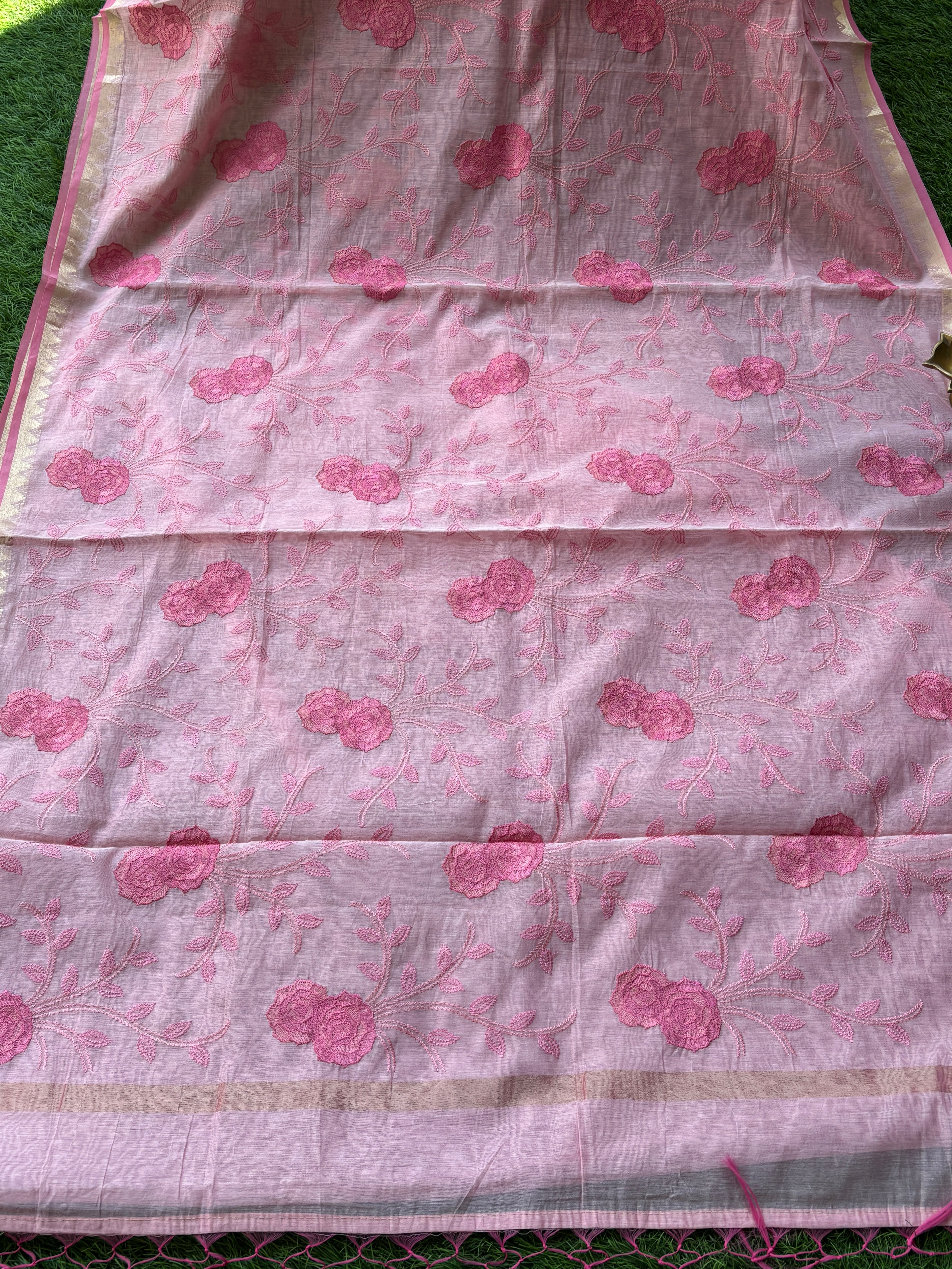 Baby Pink Banarasi Mercerized Cotton Saree with Allover Floral Embroidery | Chandrika Lifestyles