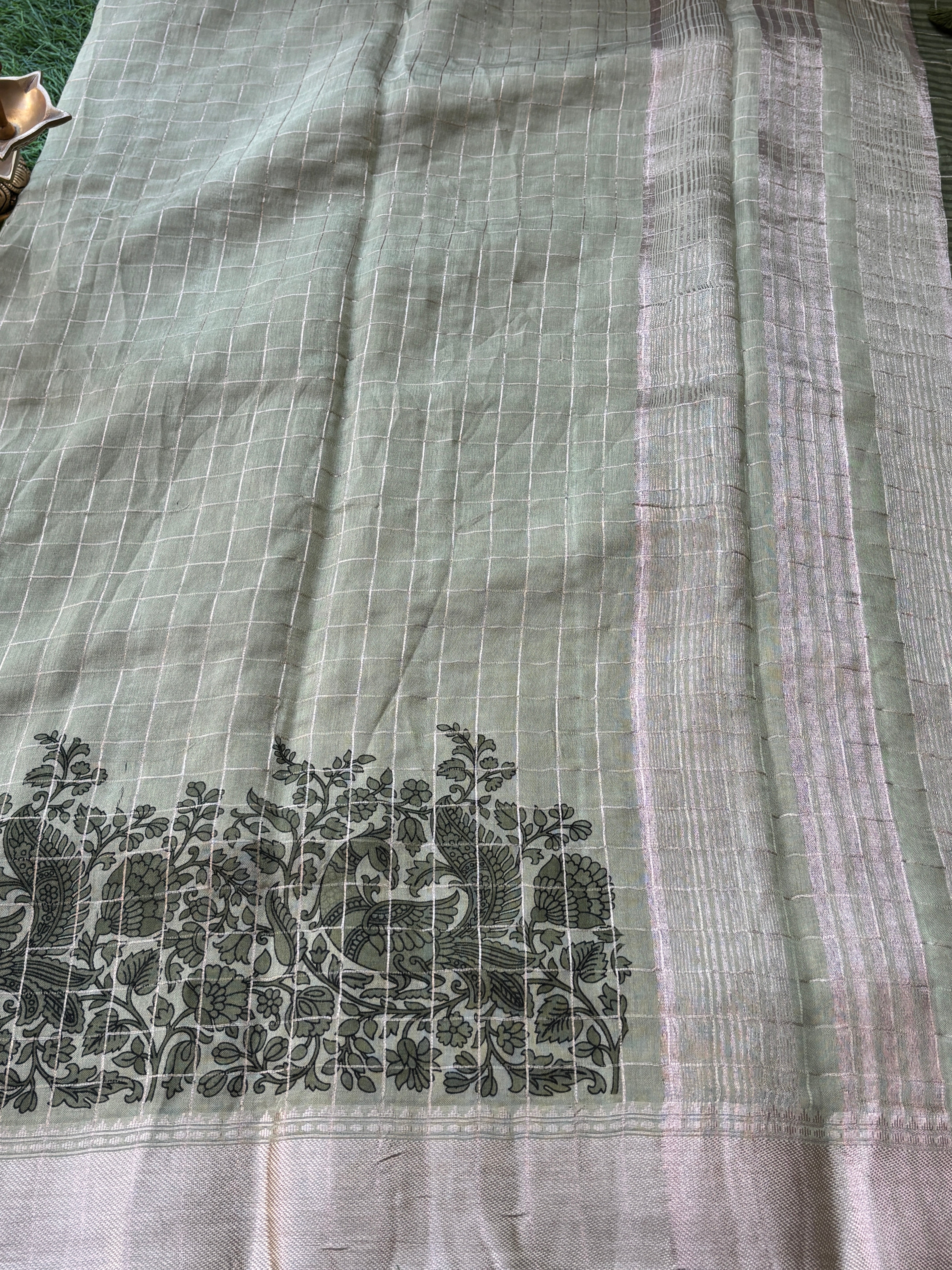 Pastel Pista Banarasi Georgette Saree with Zari Checks and Zari Woven Border