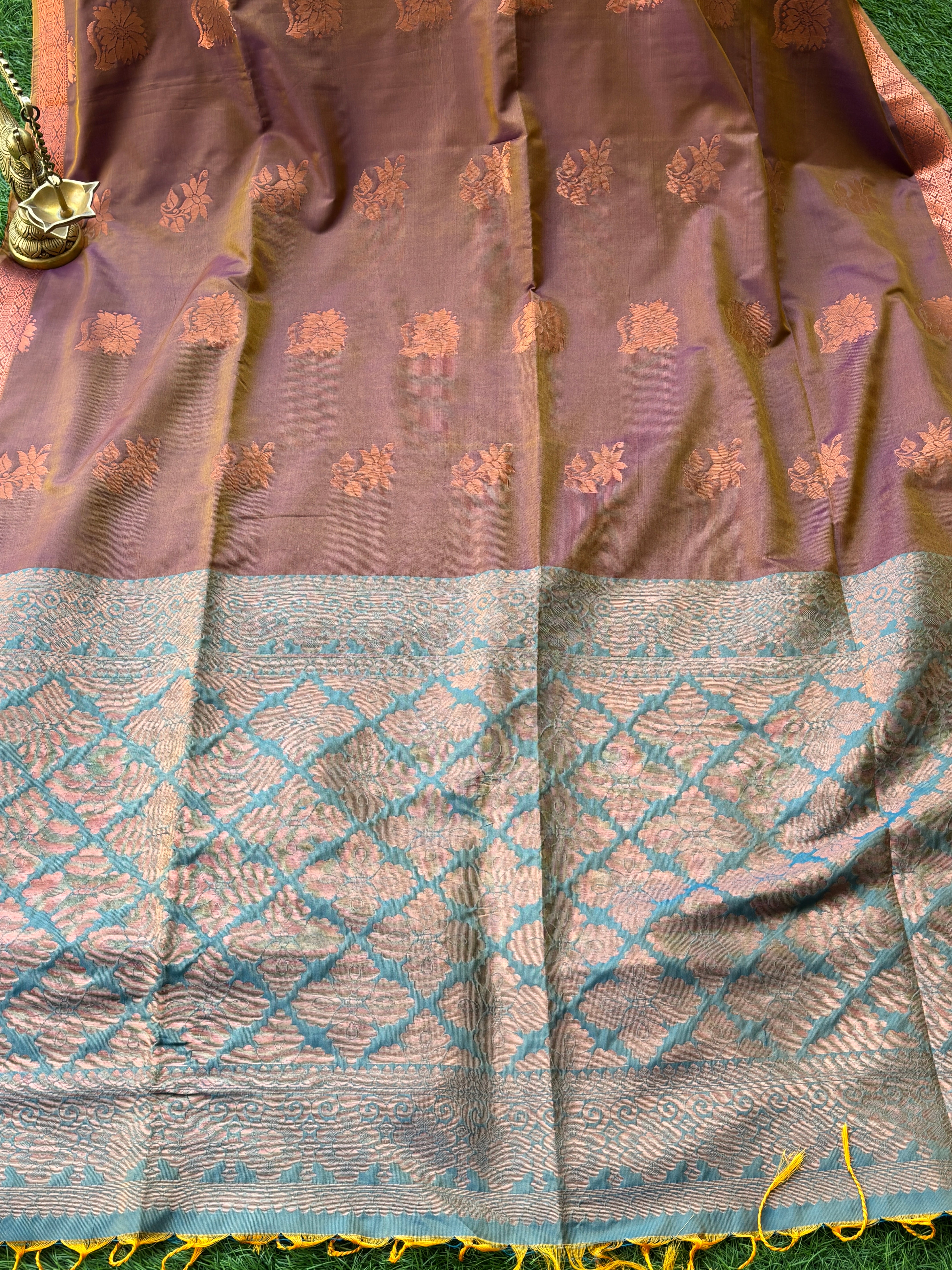 Brown Two-Tone Art Silk Kanjipuram Saree with Allover Woven Buttas | Chandrika Lifestyles