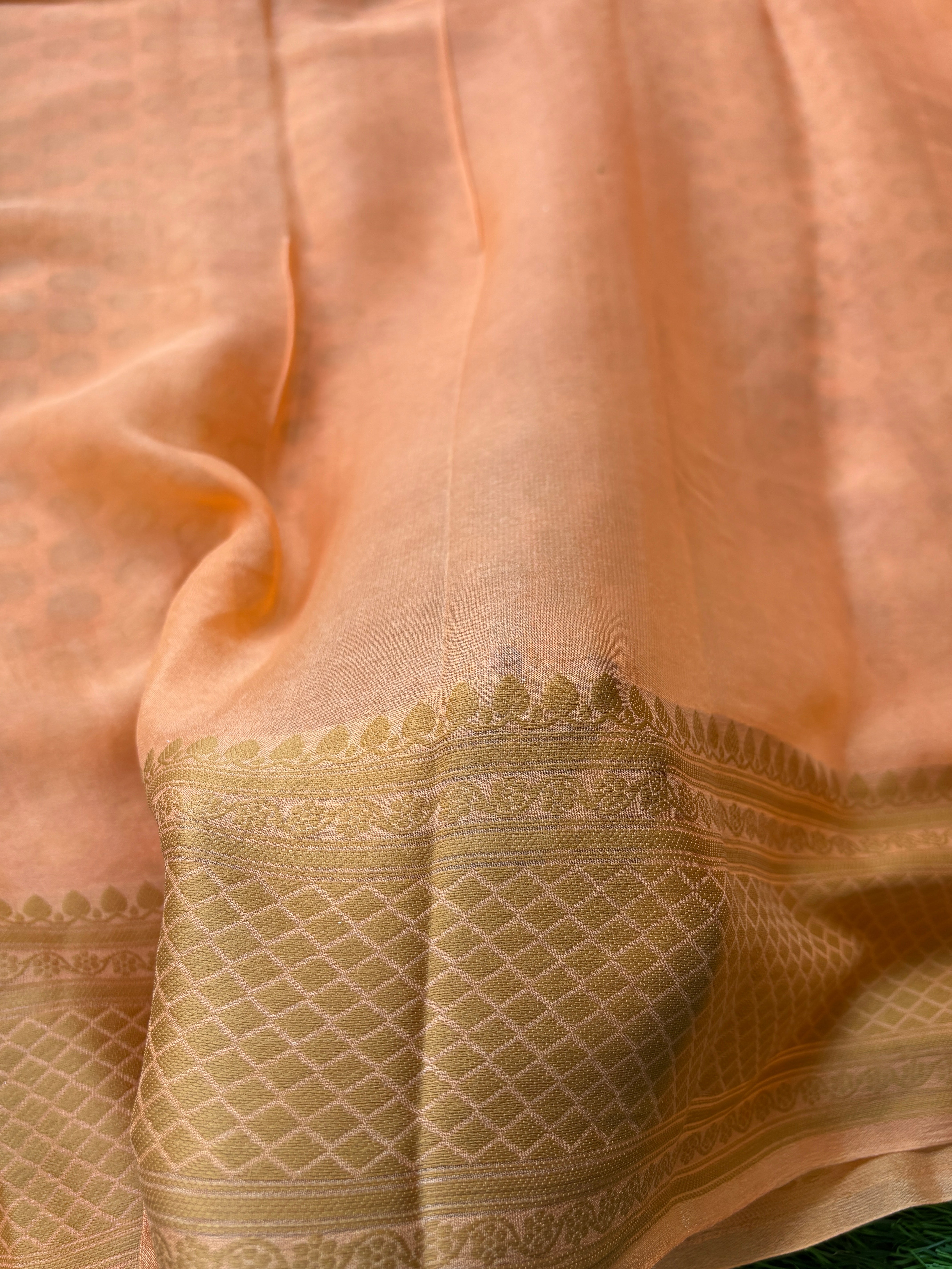 Peach Banarasi Pure khaddi Chiffon Saree with Resham Weaving Border and Buttas
