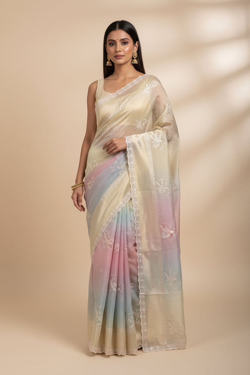 Model Wearing Pastel Tissue Organza Designer Saree
