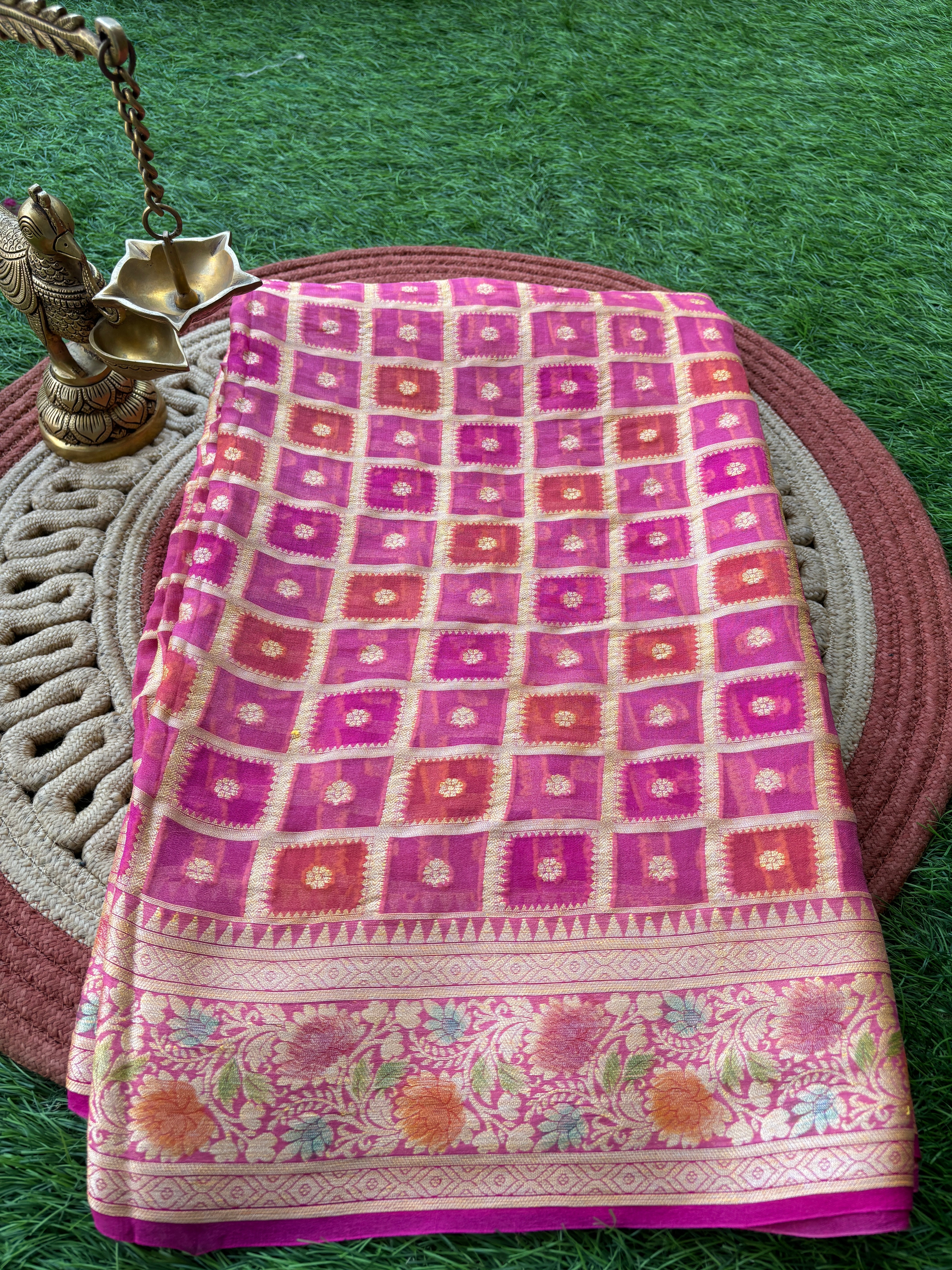 Pink Khaddi Georgette Banarasi Saree with Allover Gharchola Design | Chandrika Lifestyles