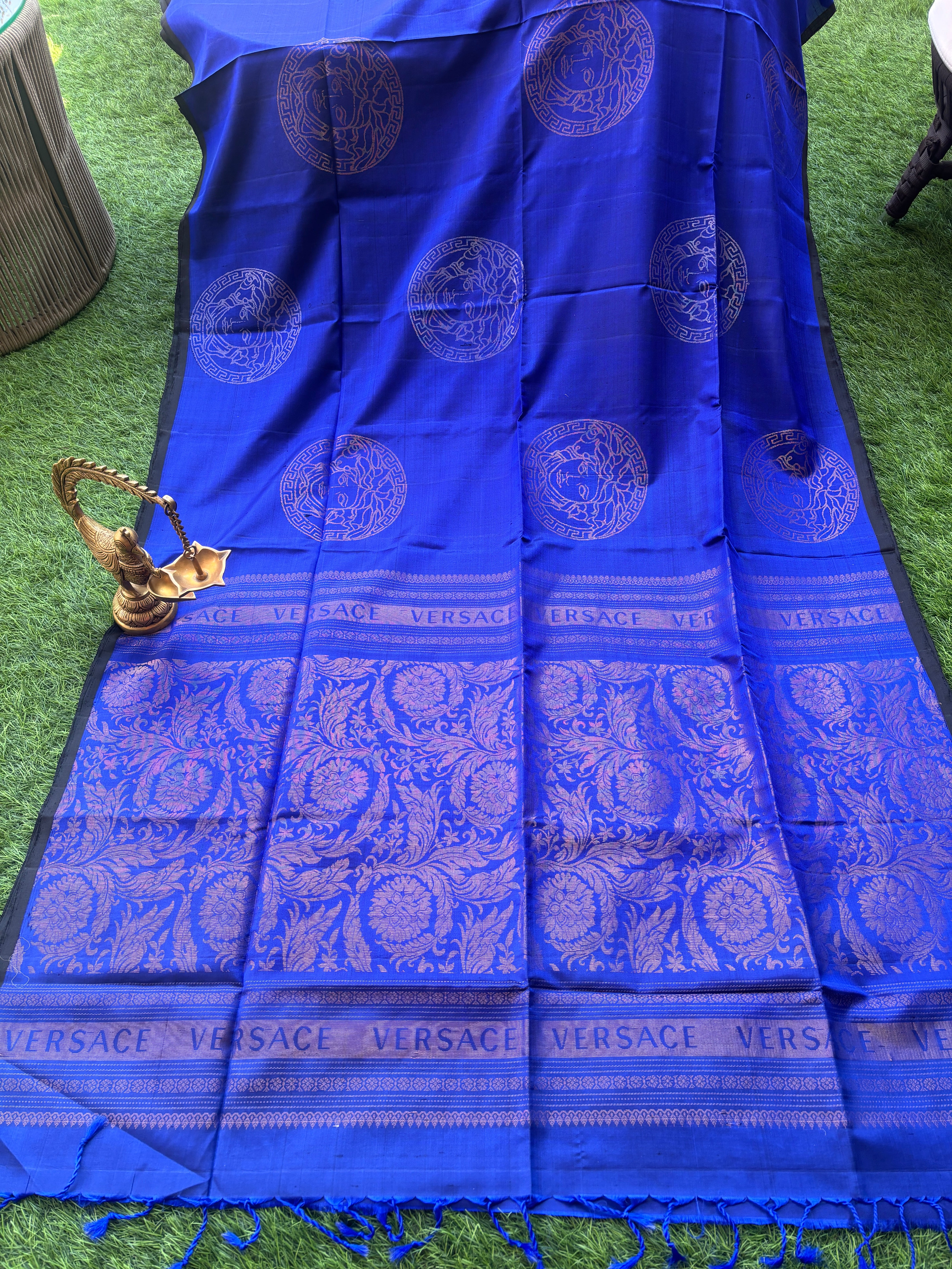 Pure Silk Kanjivaram Royal Blue Borderless Saree with Versace Inspired Weaved Buttas