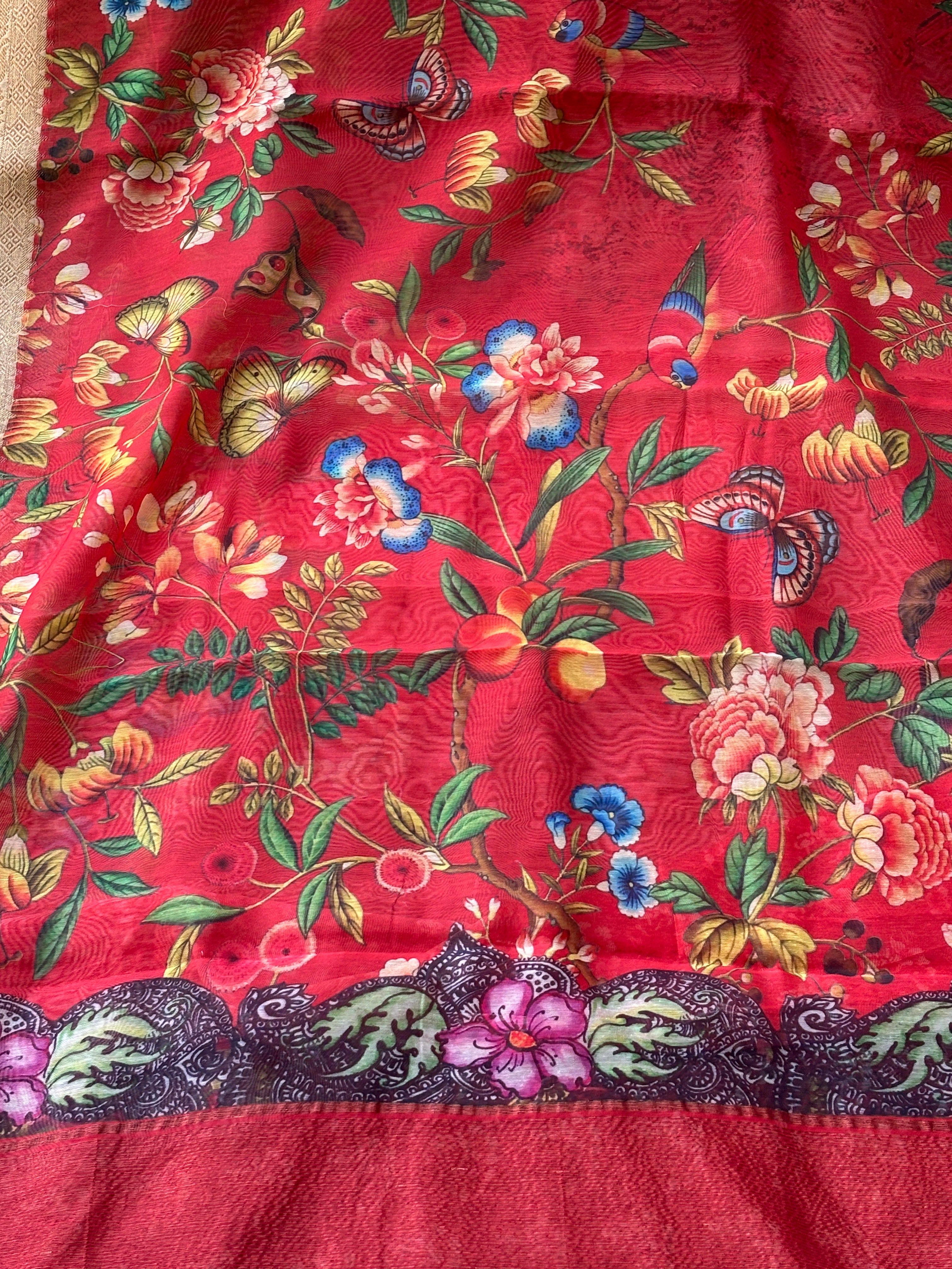 Chandrika Lifestyles | Red Banarasi Mercerized Cotton Saree – Digital Print with Antra Border