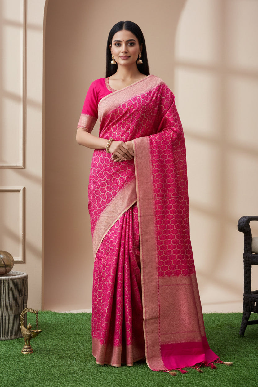 Pink Banarasi Mercerized Cotton Saree with Allover Jaal | Chandrika Lifestyles