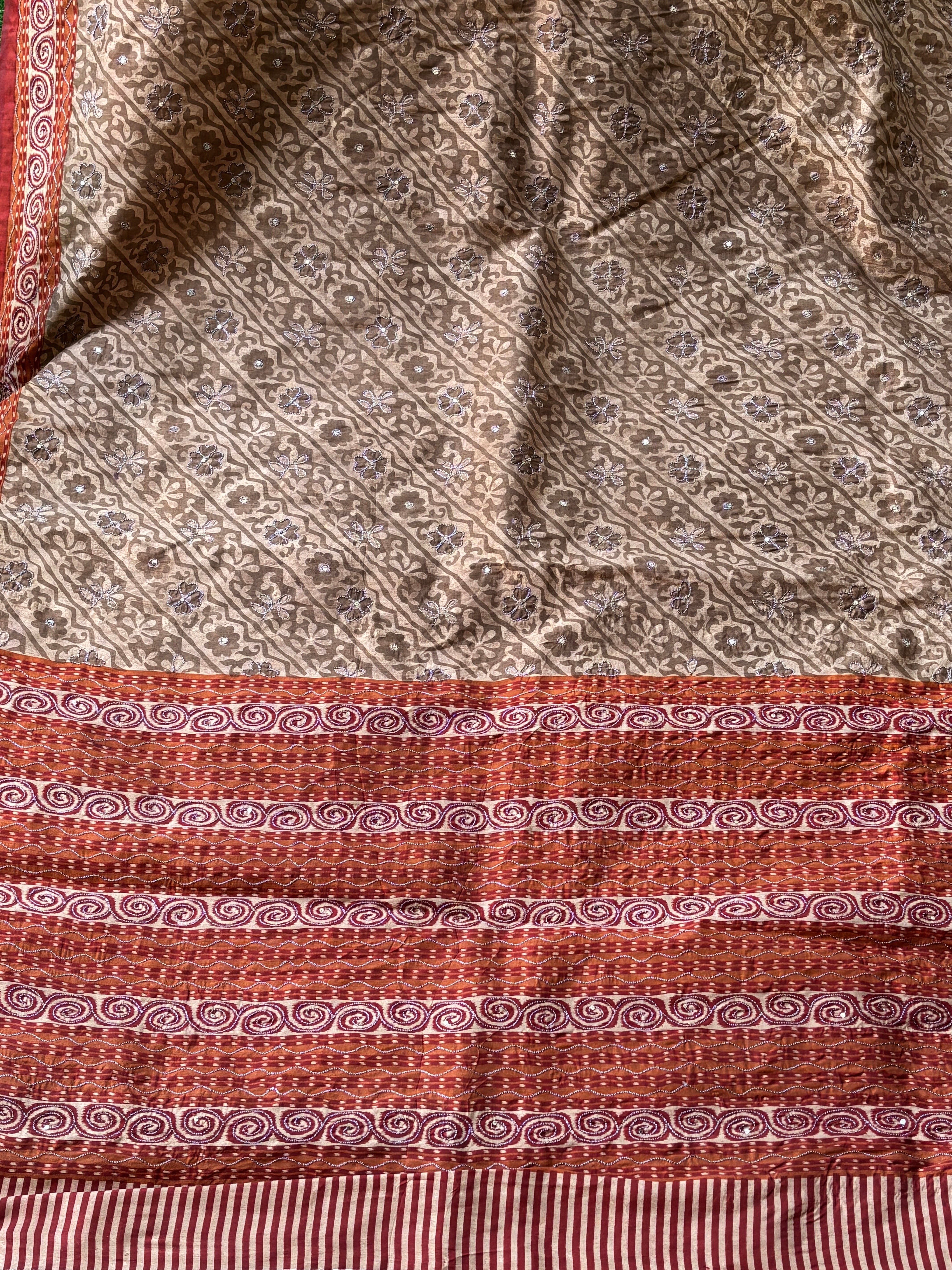Biscuit Brown Banarasi Mercerised Cotton Saree with Zari Thread Embroidery & Red Border
