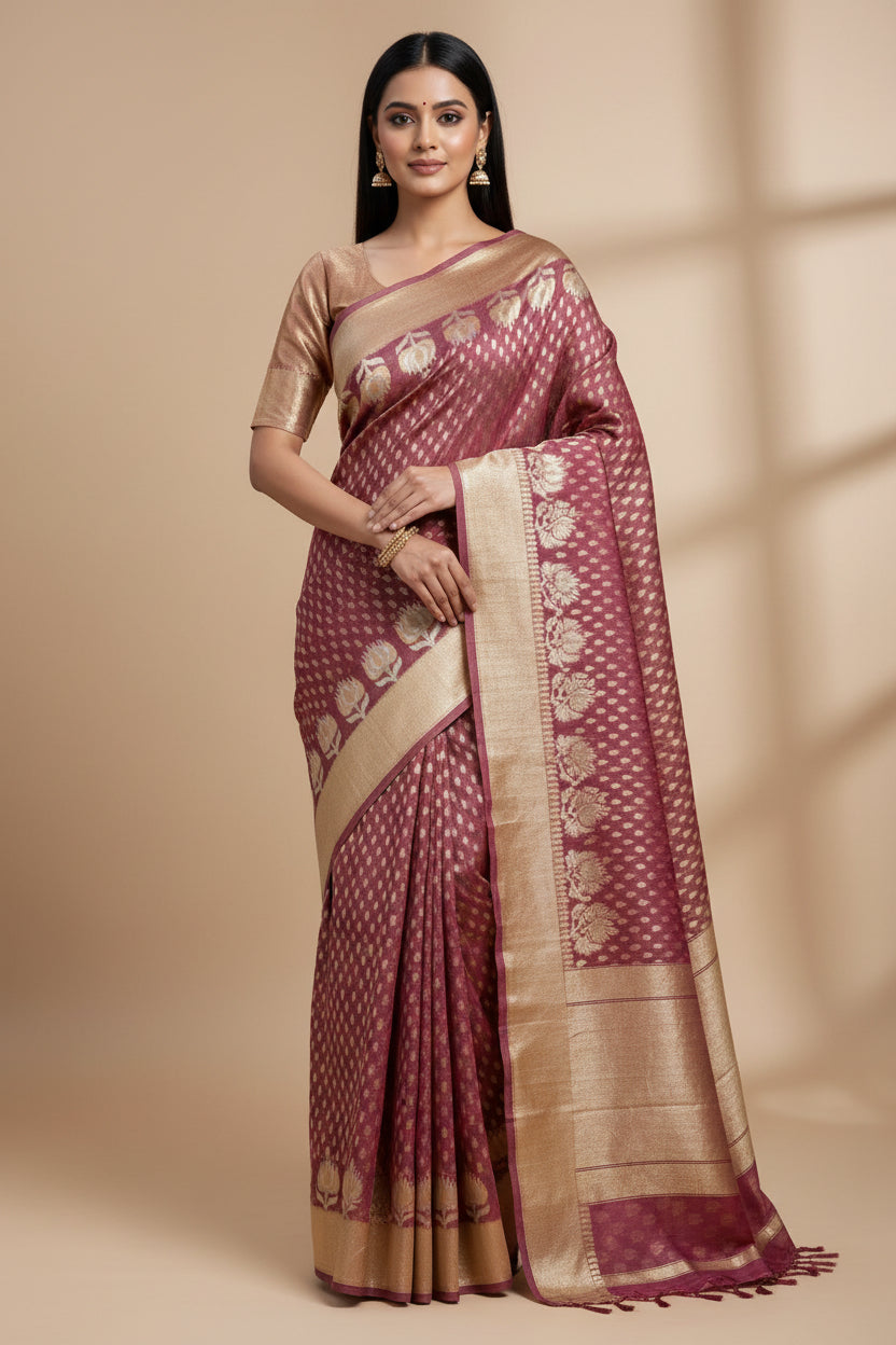 Woman wearing a maroon saree with gold border against a beige background