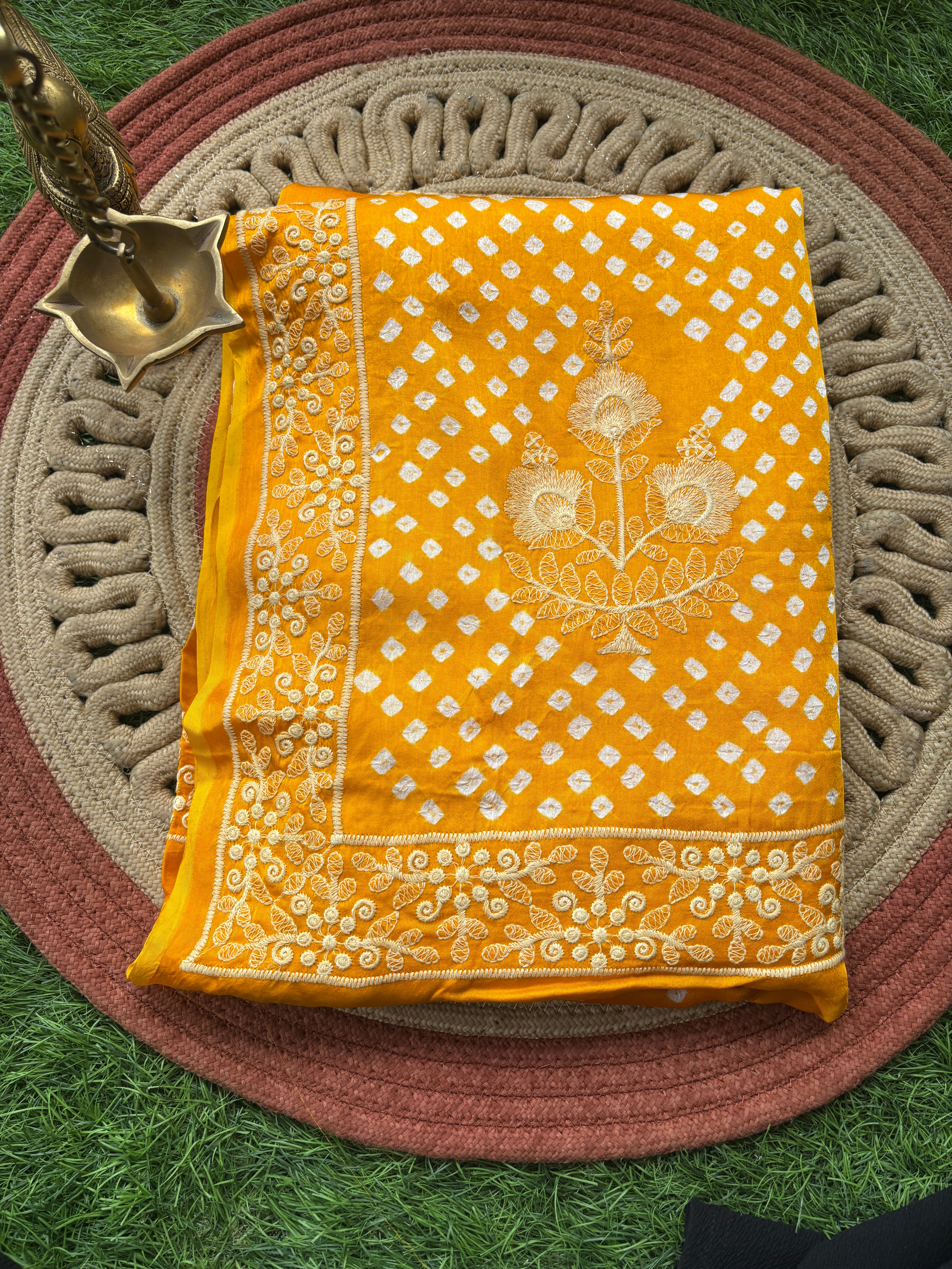 Mango Yellow Modal Silk Bandhej Saree | Chandrika Lifestyles