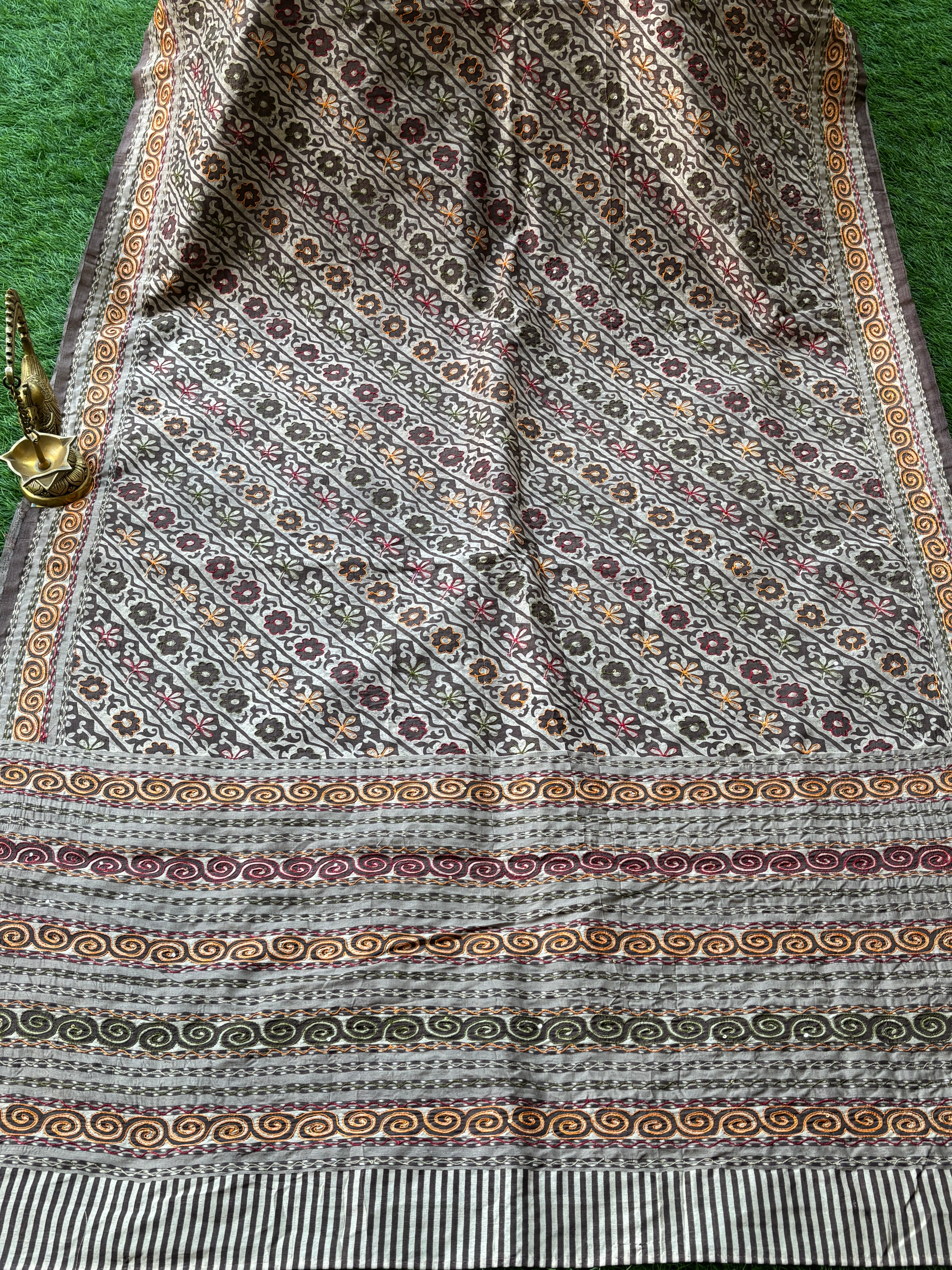 Coffee Brown Mercerized Cotton Saree with Multicolour Thread Weaving | Chandrika Lifestyles