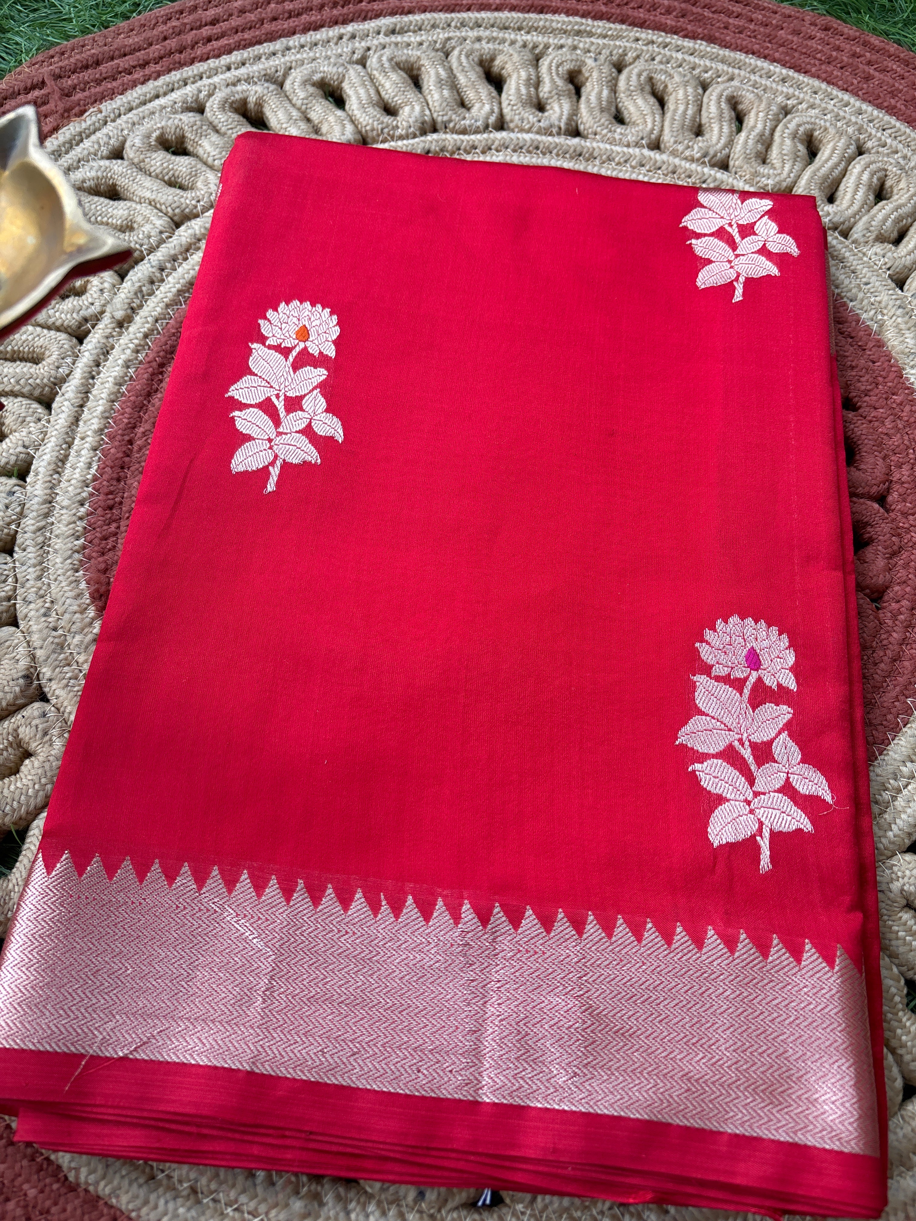 Pure Red Banarasi Saree with Floral Plant Motifs & Zari Woven Pallu | Chandrika Lifestyles