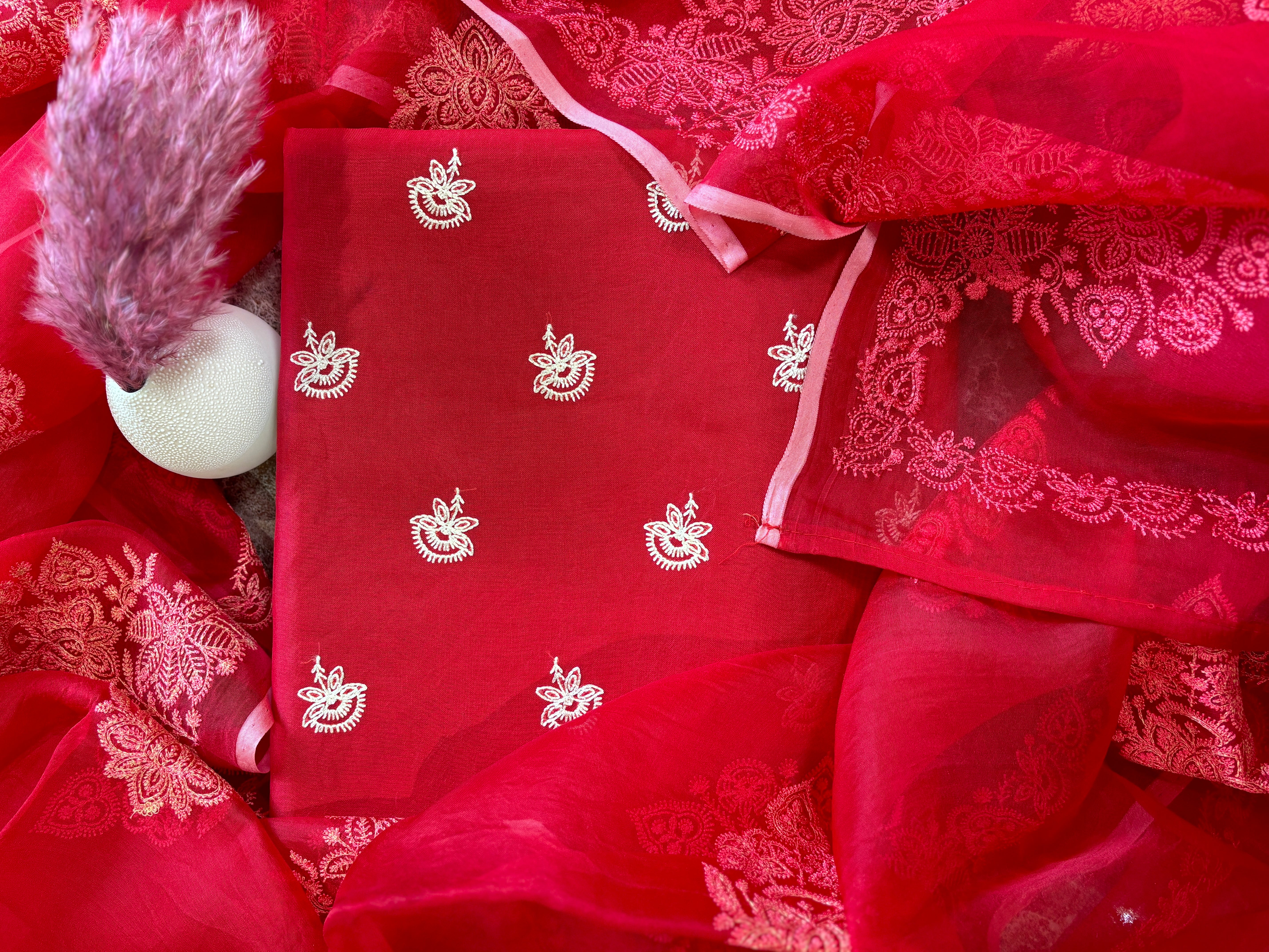 Chandrika Red Pure Organza Silk Suit Material with Embroidery Butti and Organza Dupatta – Festive Wear