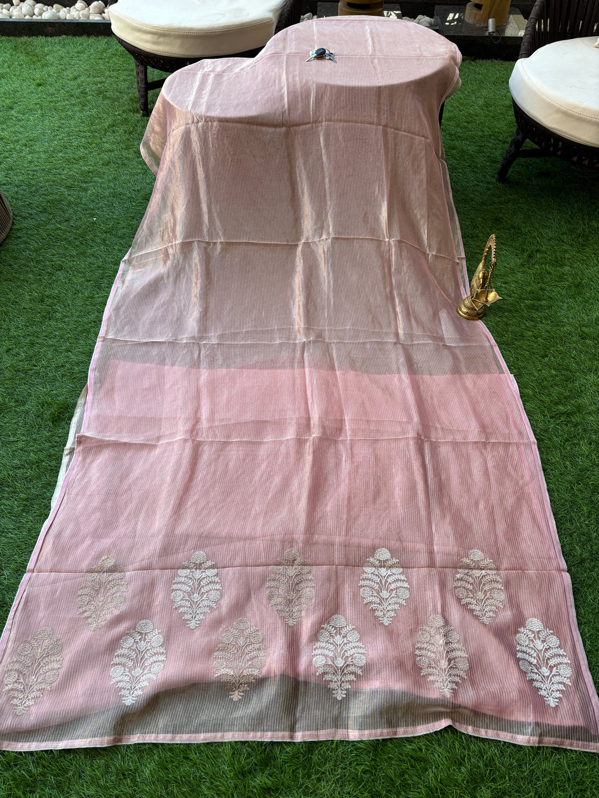 Baby Pink Pure Tissue Kora Saree with Allover Silver Zari Embroidery & Zari Pallu | Chandrika Lifestyles