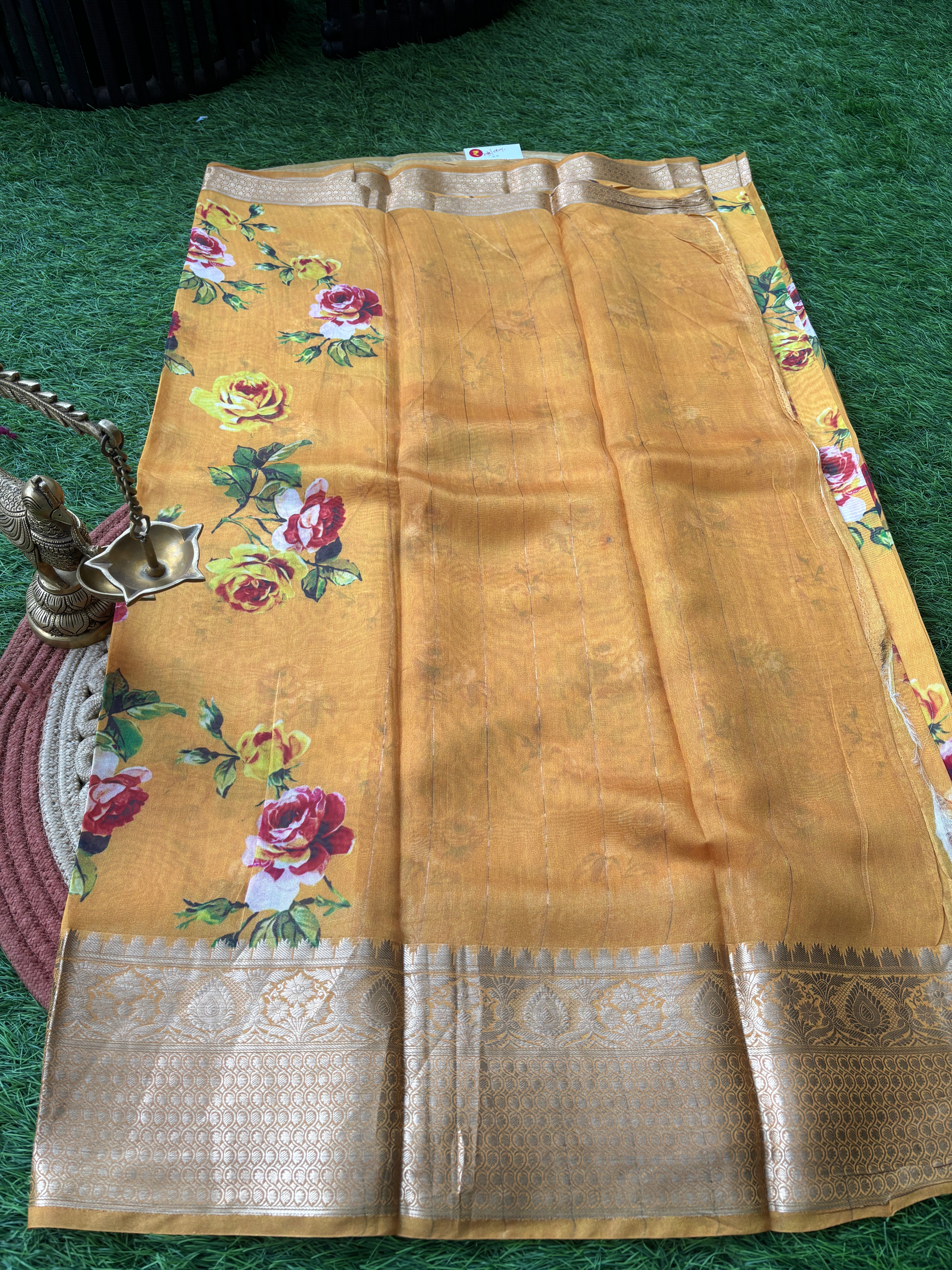 Yellow Pure Georgette Banarasi Saree with Allover Floral Digital Print | Chandrika Lifestyles