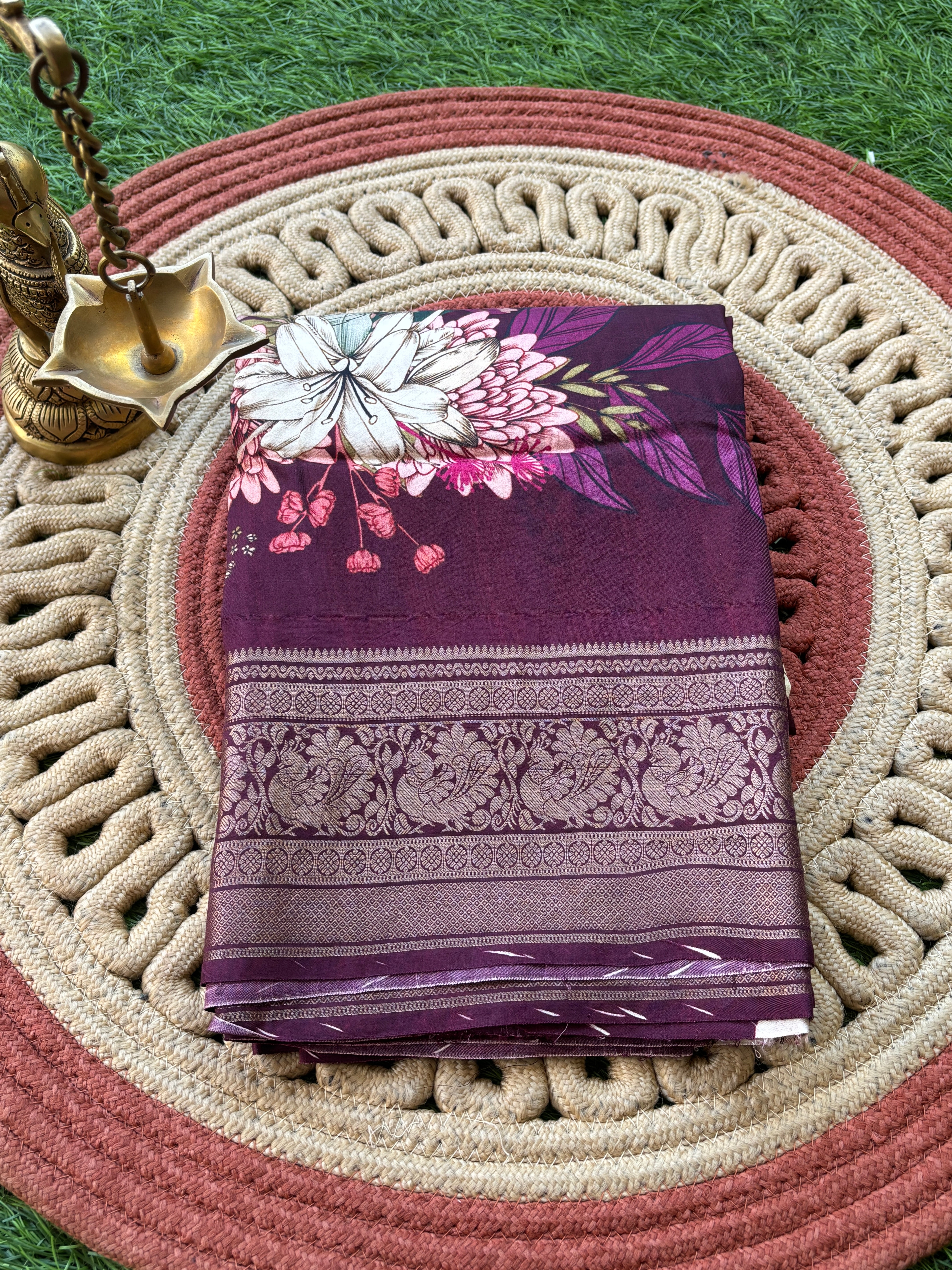 Bright Dark Wine Purple Pure Silk Saree with Kanchipuram Zari Border and Digital Floral Printed Buttas