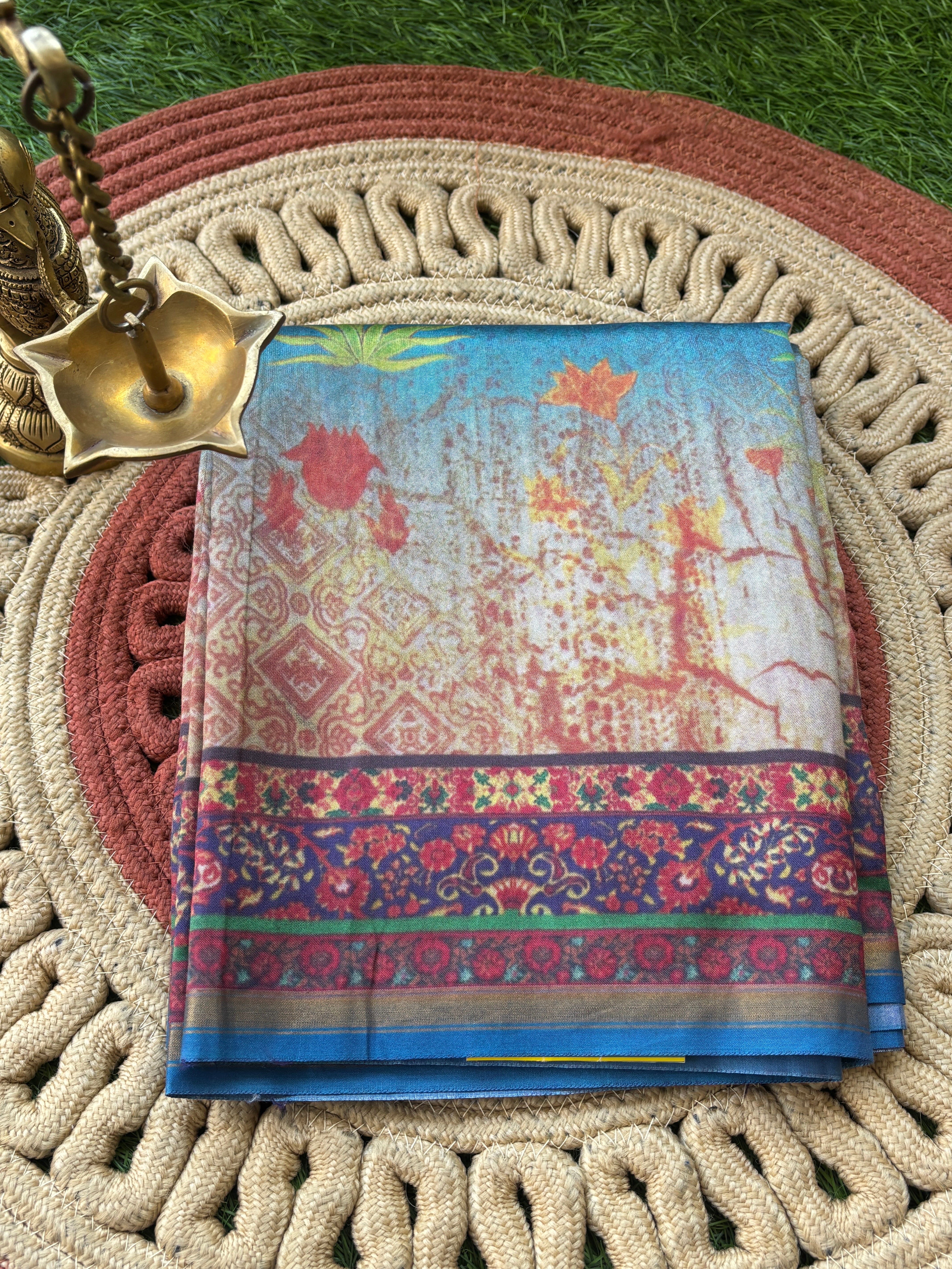 Ocean Blue Munga Silk Saree with Allover Digital Print | Chandrika Lifestyles