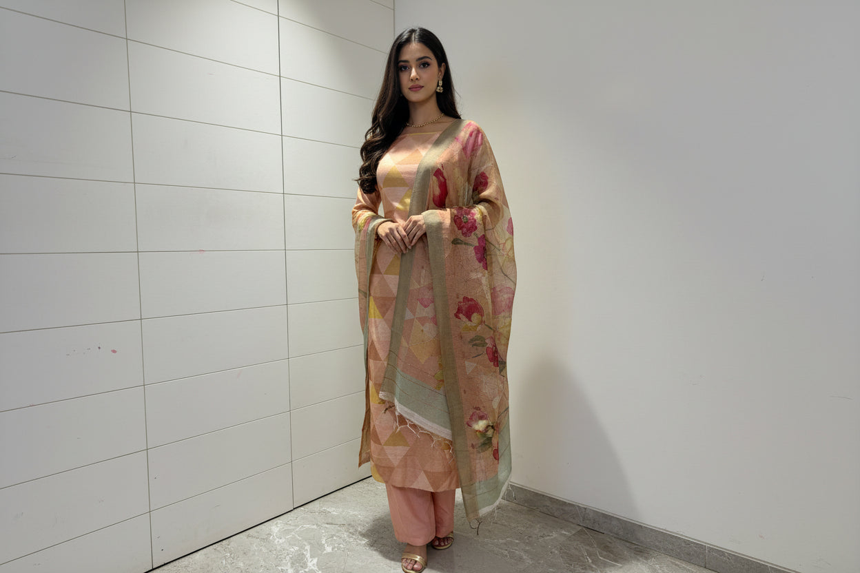Chandrika Lifestyles | Peach Linen Silk Suit – Floral Dupatta