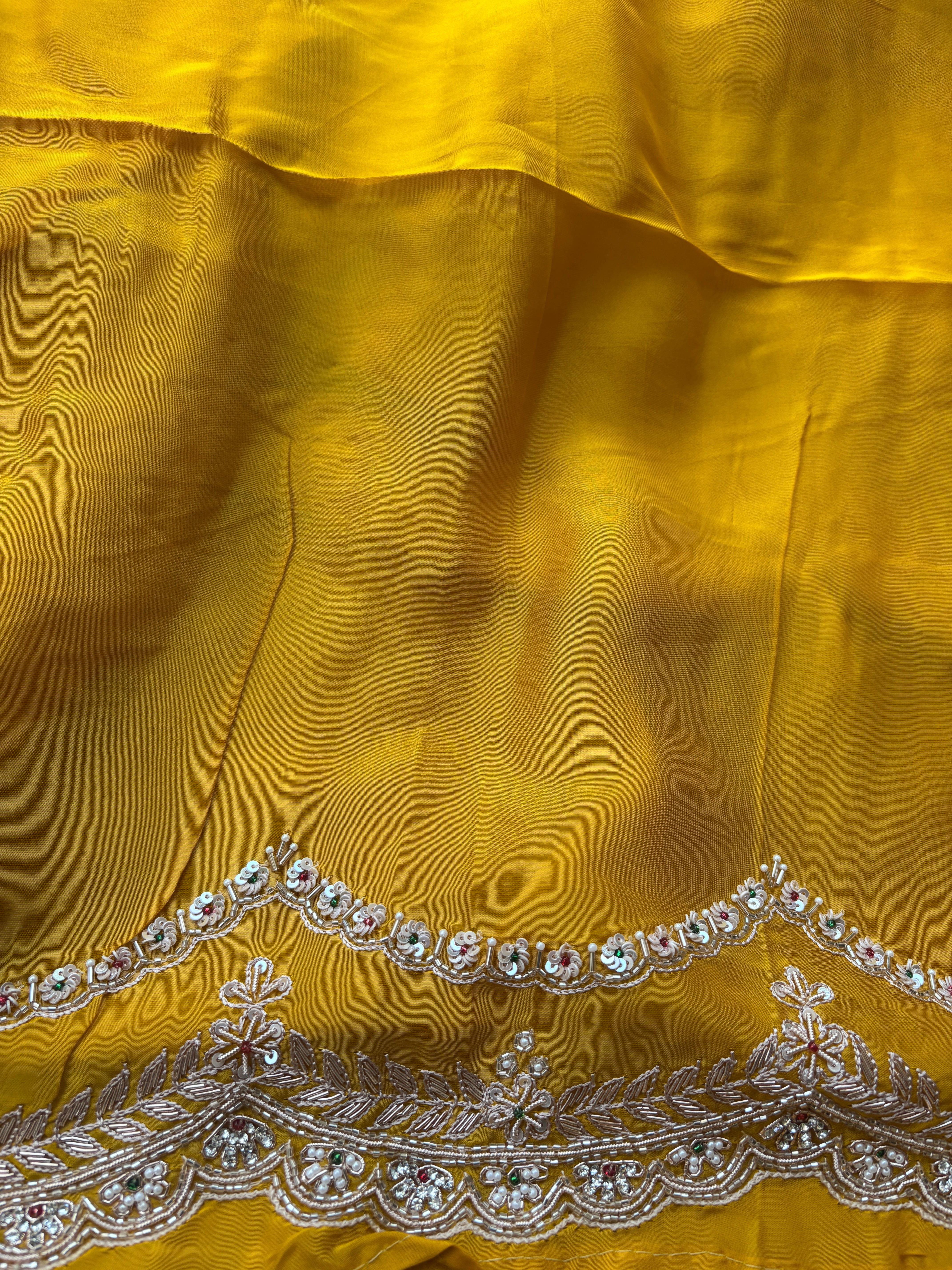 Mango Yellow Pure Crepe Silk Saree with Scallop & Zardozi Work | Chandrika Lifestyles