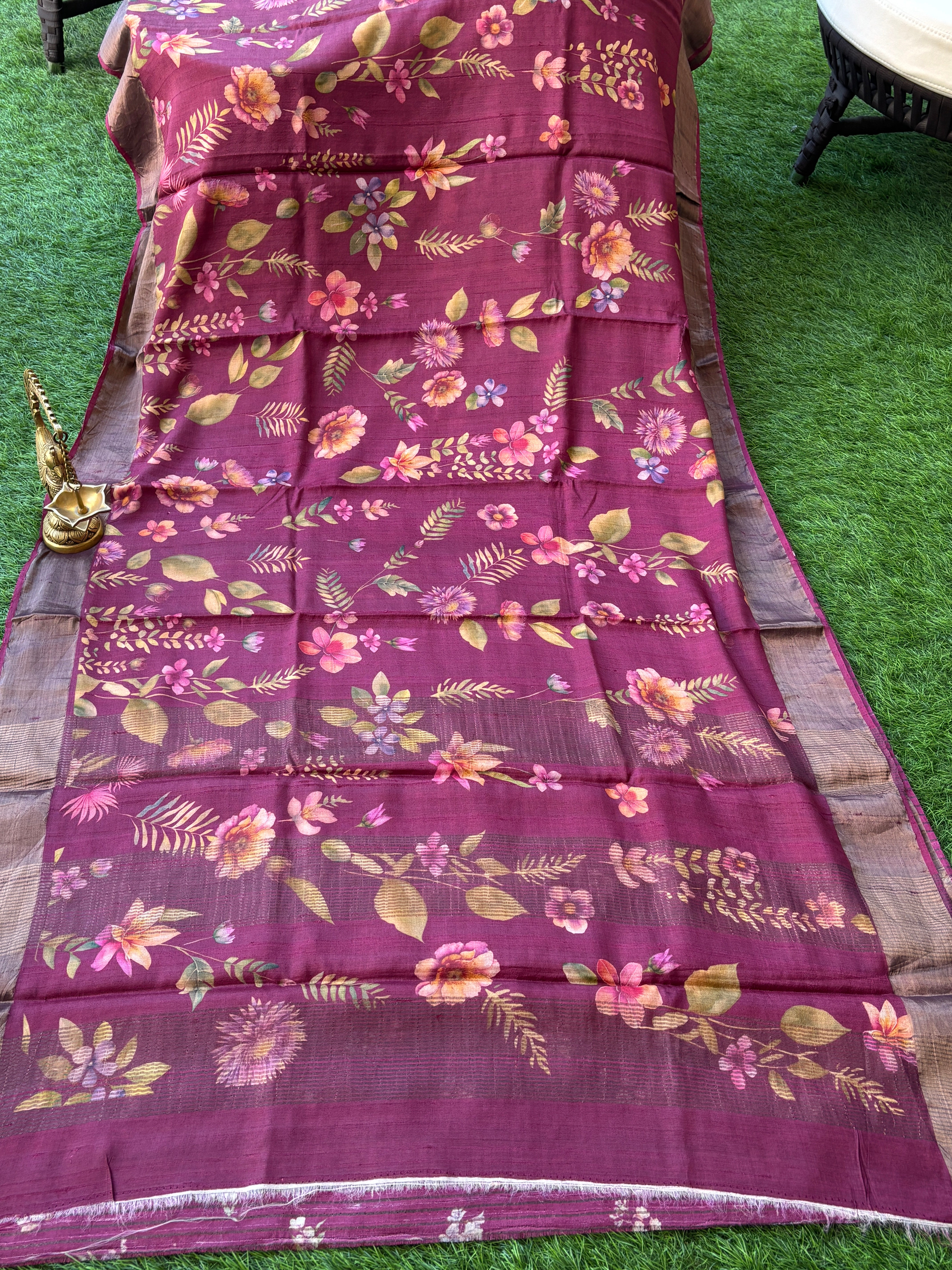 Magenta Pure Tussar Silk Saree with Allover Digital Print | Chandrika Lifestyles
