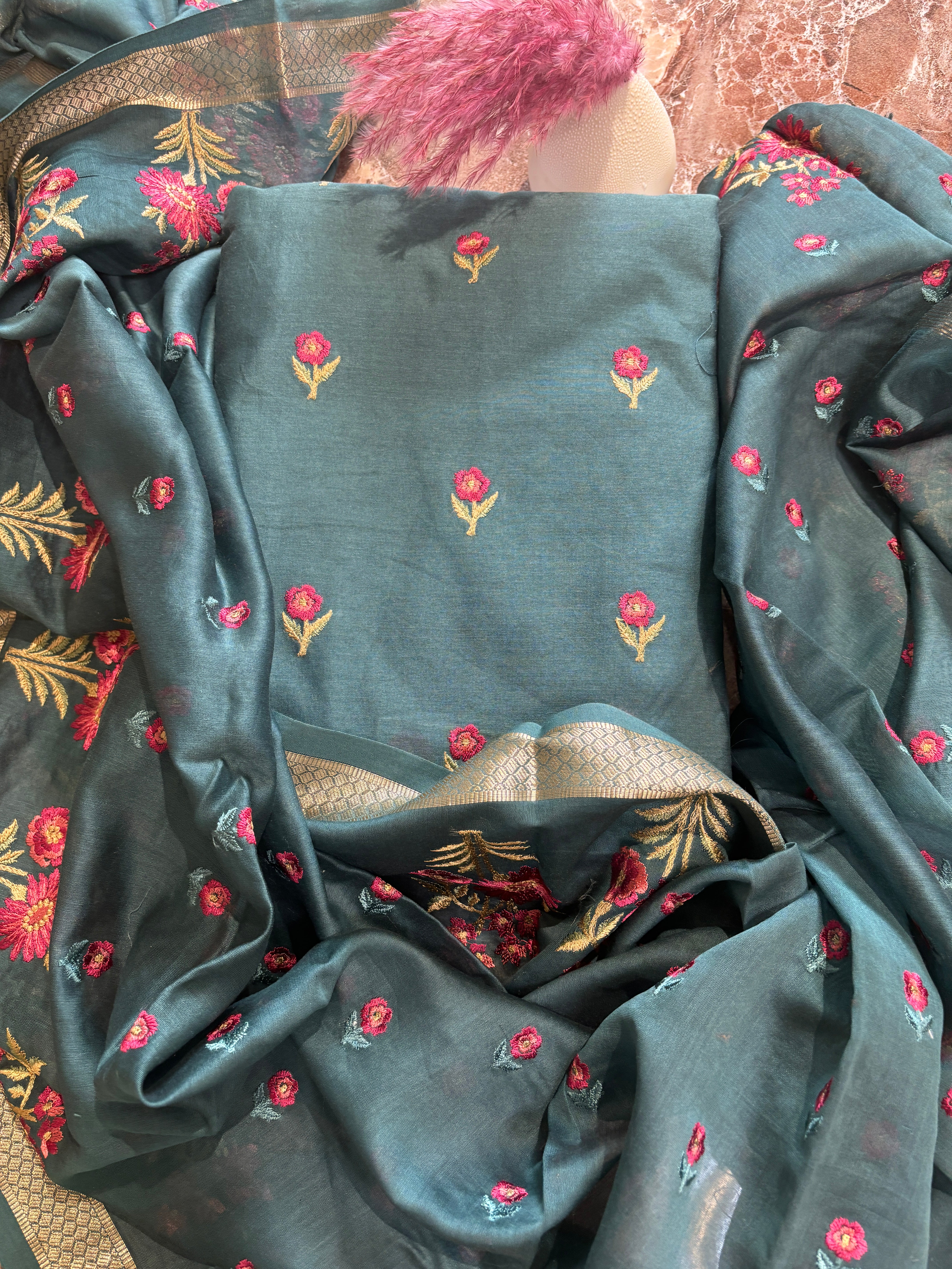 Pure Cotton Embroidered Suit Material with Embroidered Cotton Dupatta – Dark Sea Green Elegance