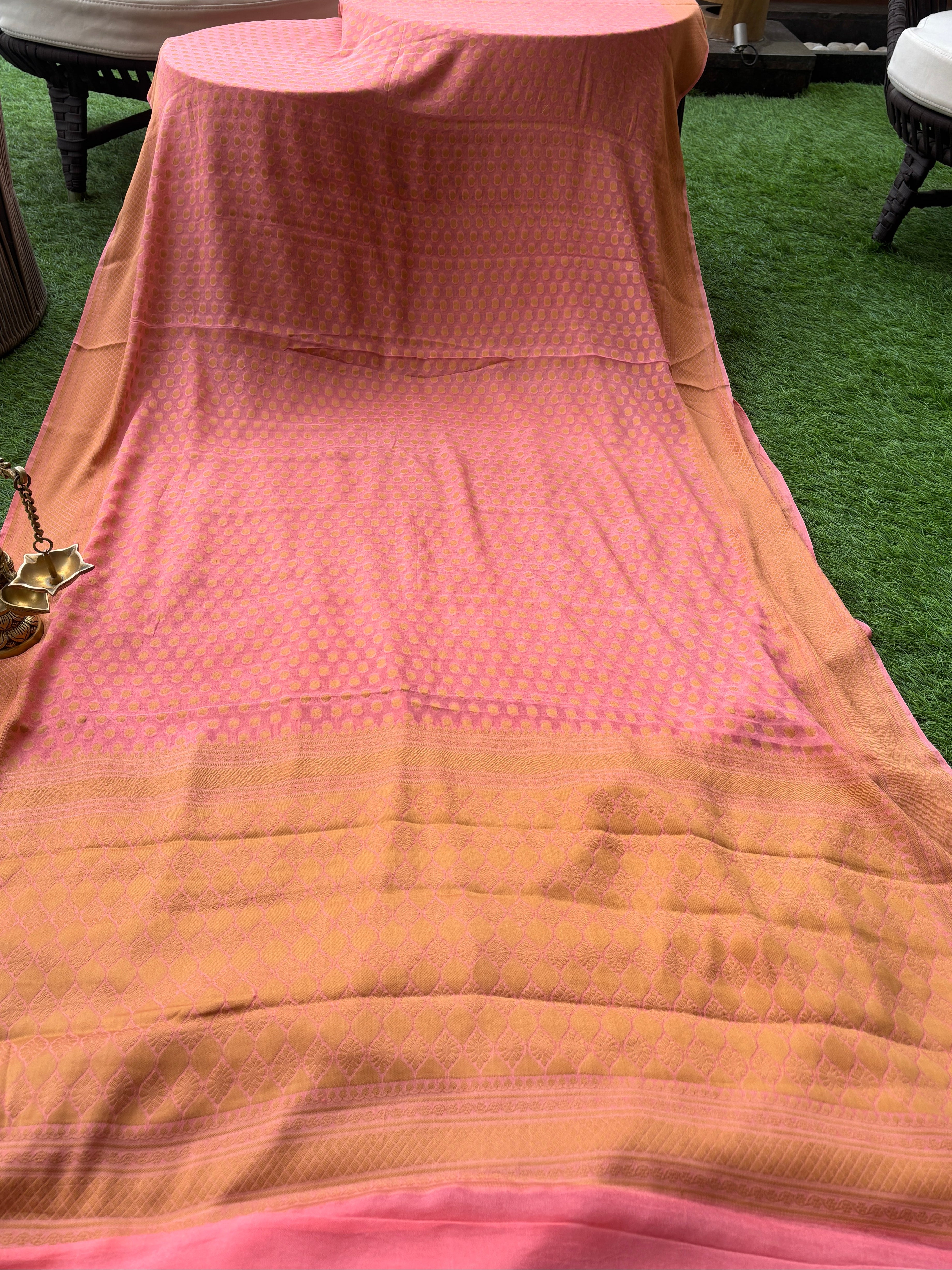 Peach Pink Banarasi Khaddi Chiffon Saree with Allover Resham Weaving | Chandrika Lifestyles