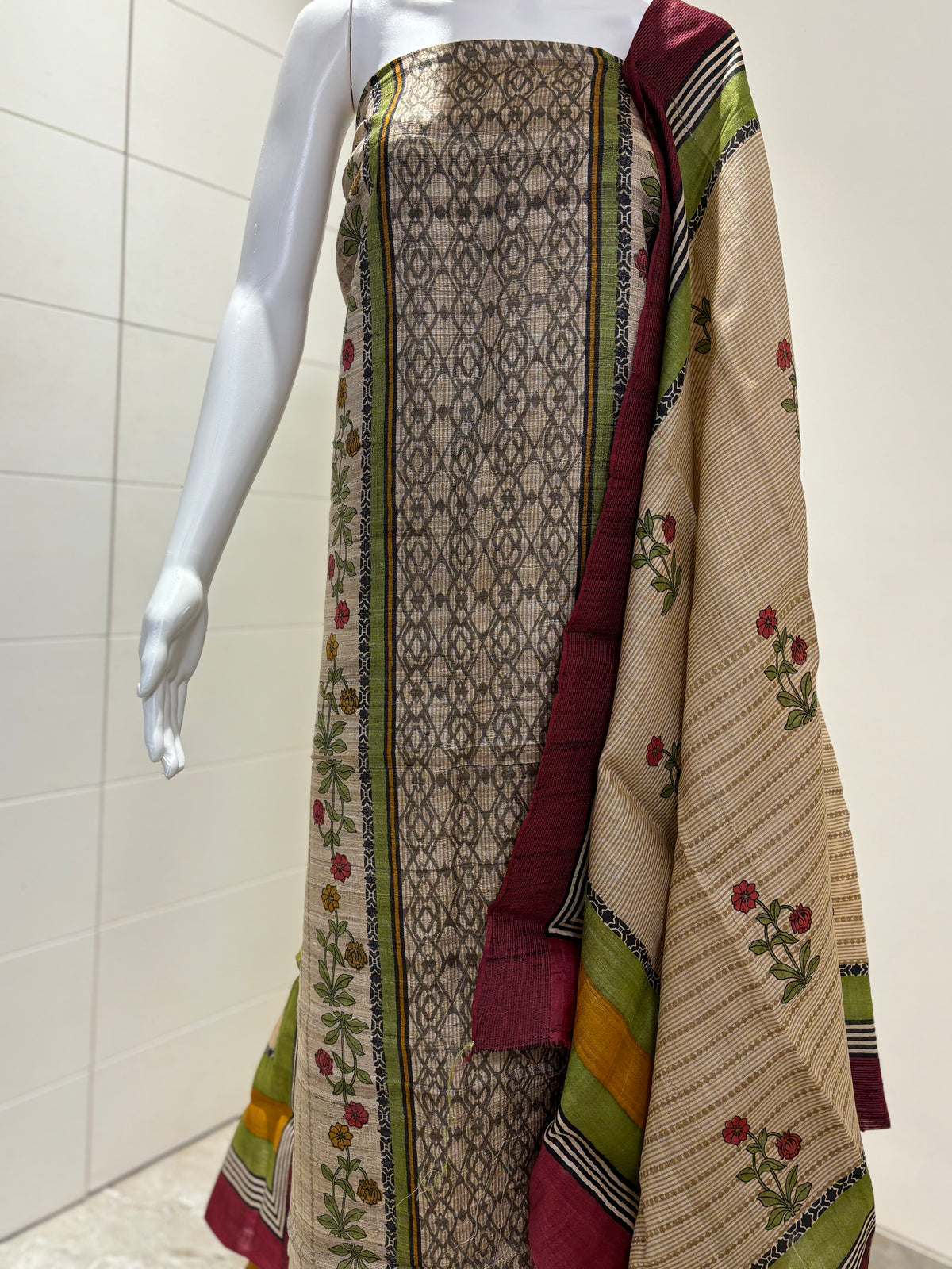 Pure Raw Tussar Silk Digital Printed Suit Material with Multicolour Ethnic Design & Beige-Green-Maroon Shaded Dupatta