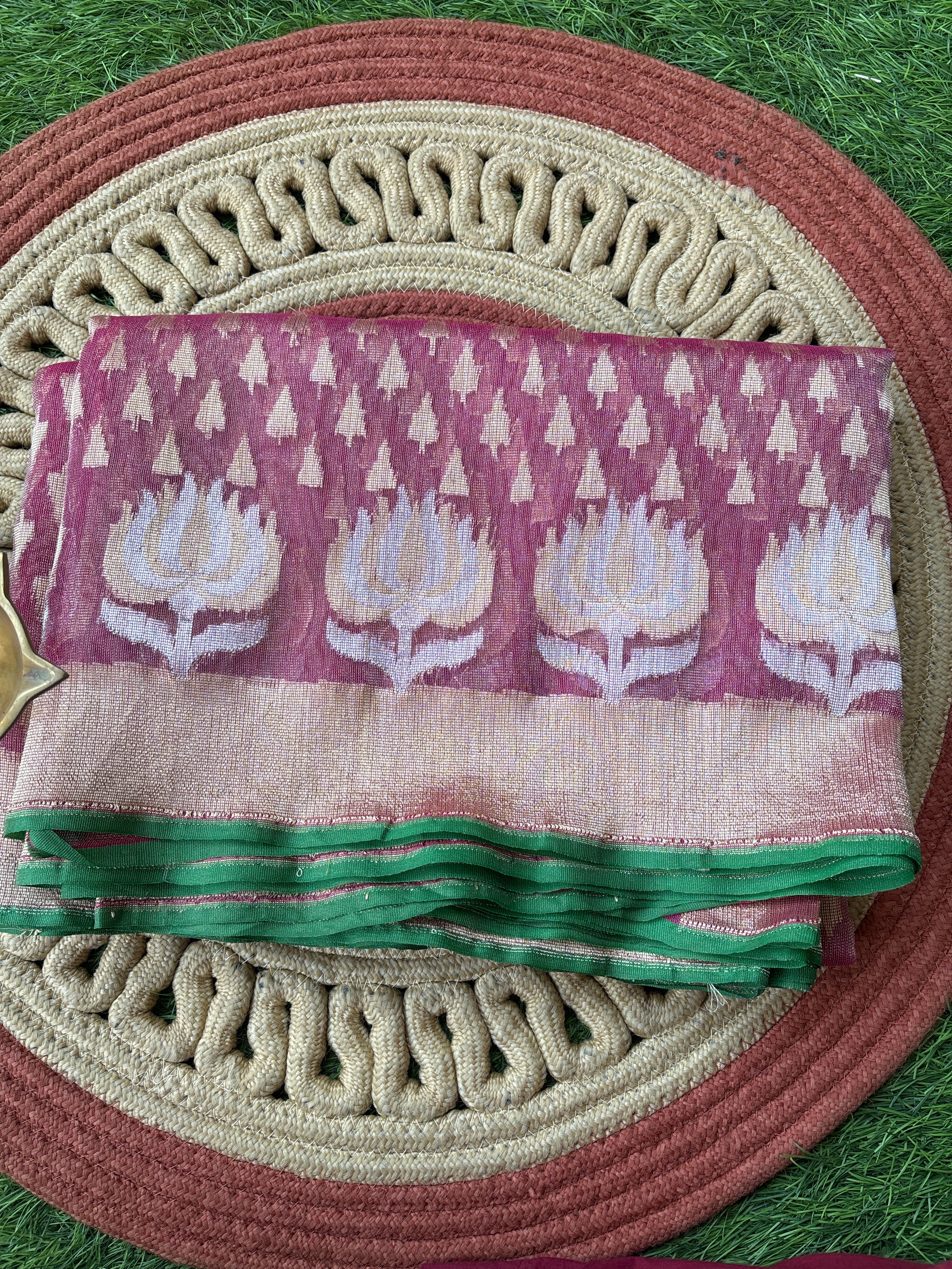 Onion Pink Tissue Kora Net Saree with Lotus Zari Border & Tree Weaving | Chandrika Lifestyles