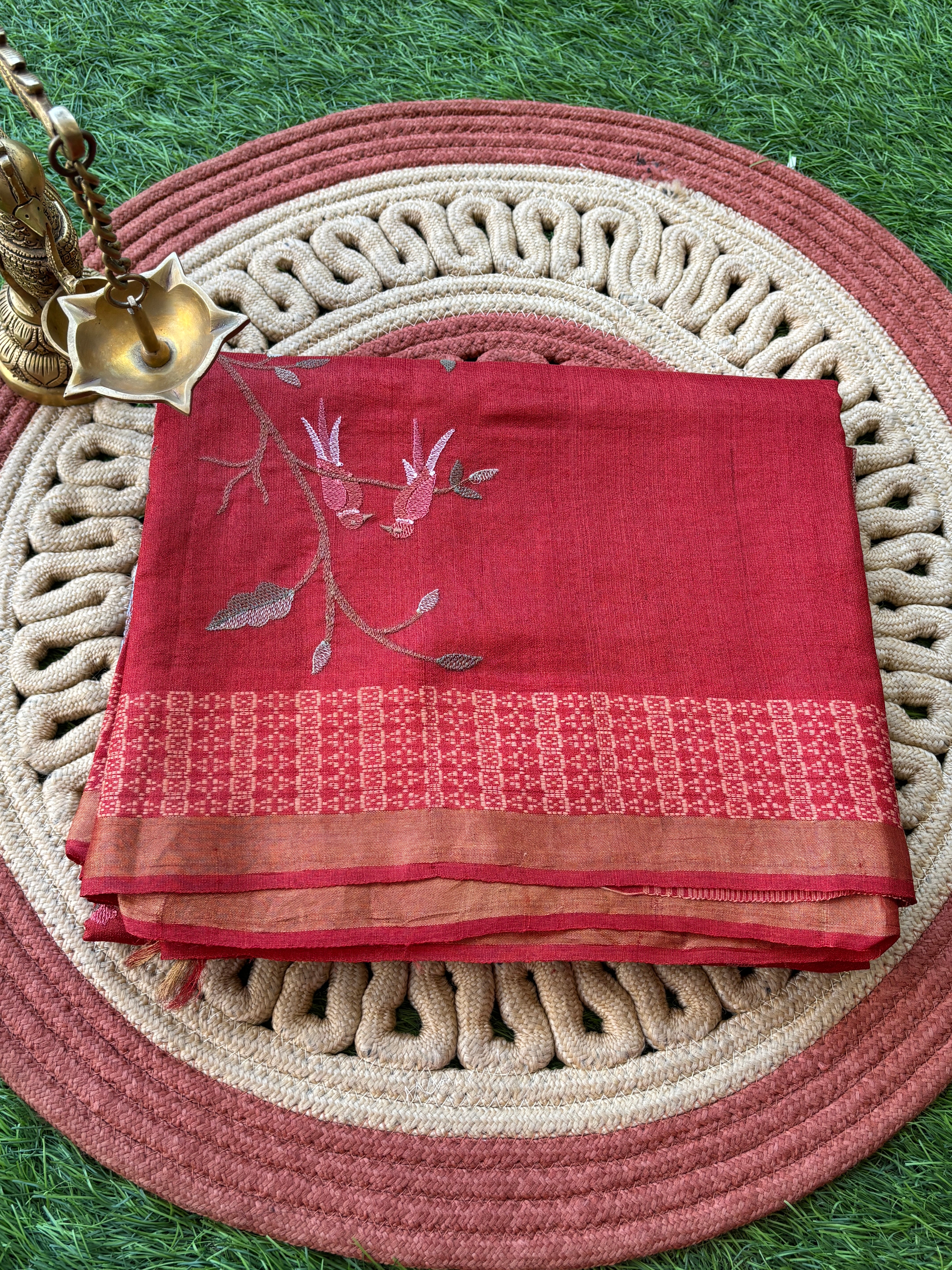 Brick Red Pure Desi Tussar Silk Saree with All Over Thread Embroidery
