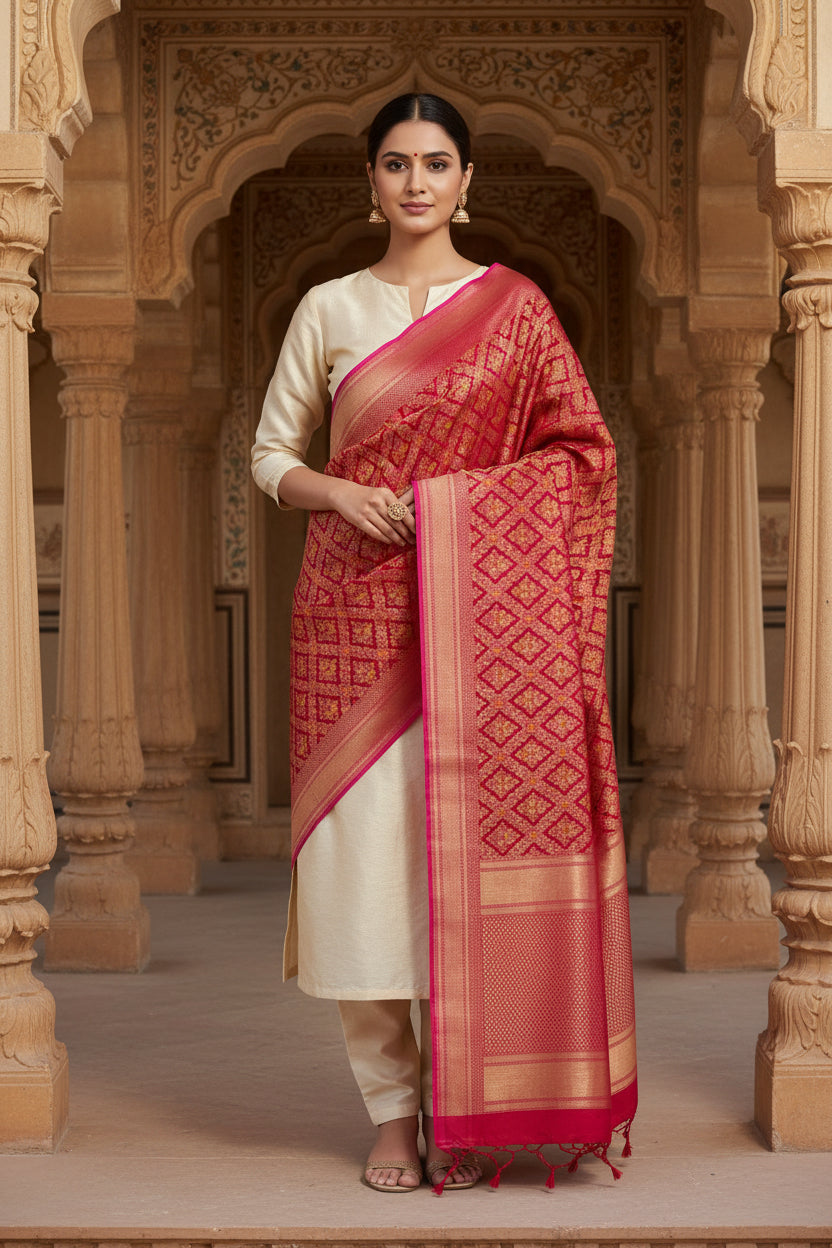 Pure Silk Banarasi Handwoven Red Dupatta
