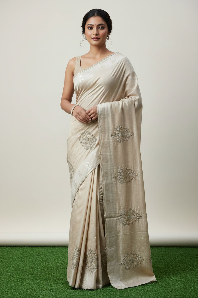 Banarasi  weaving offwhite sari with embroidery Zardozi Buta on Pallu all over weaving on the sari and with ready-made blouse